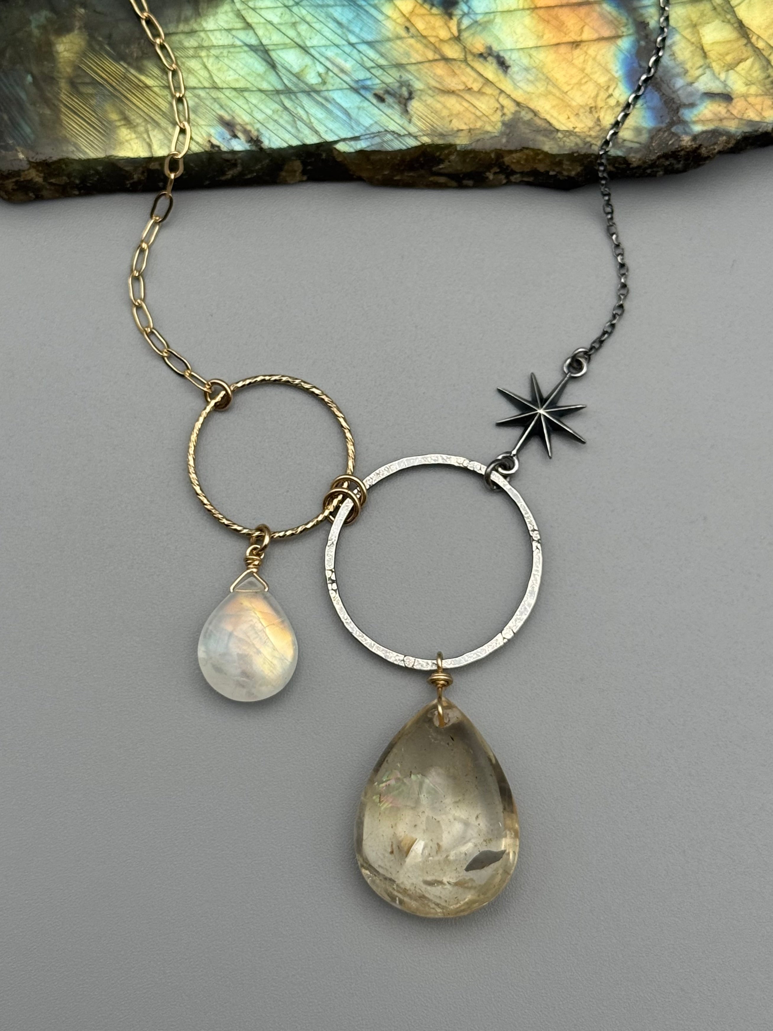 •UNION• rainbow moonstone + citrine mixed metal necklace (18"-20" long)