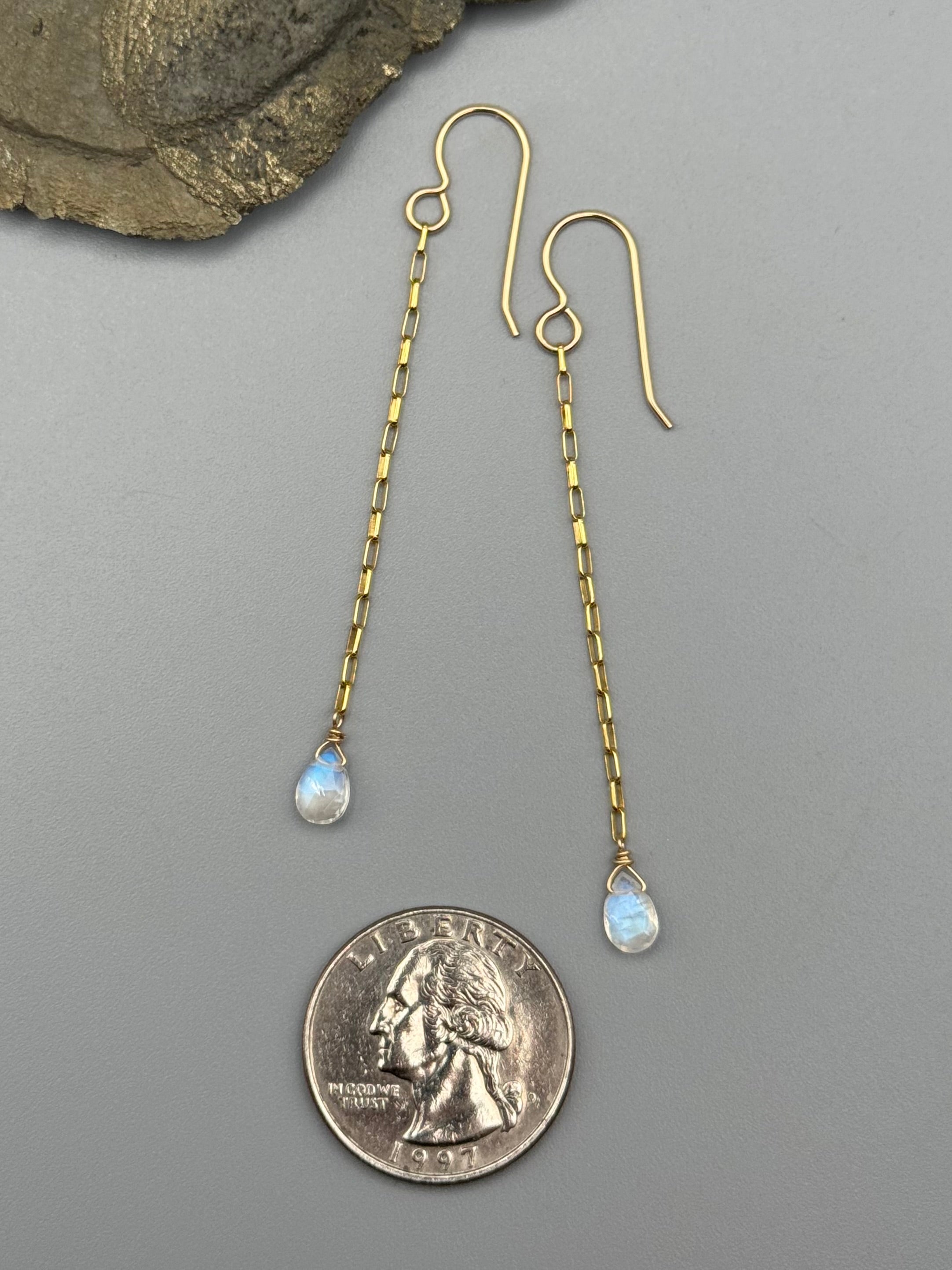 •LINKED• rainbow moonstone tear + gold earrings