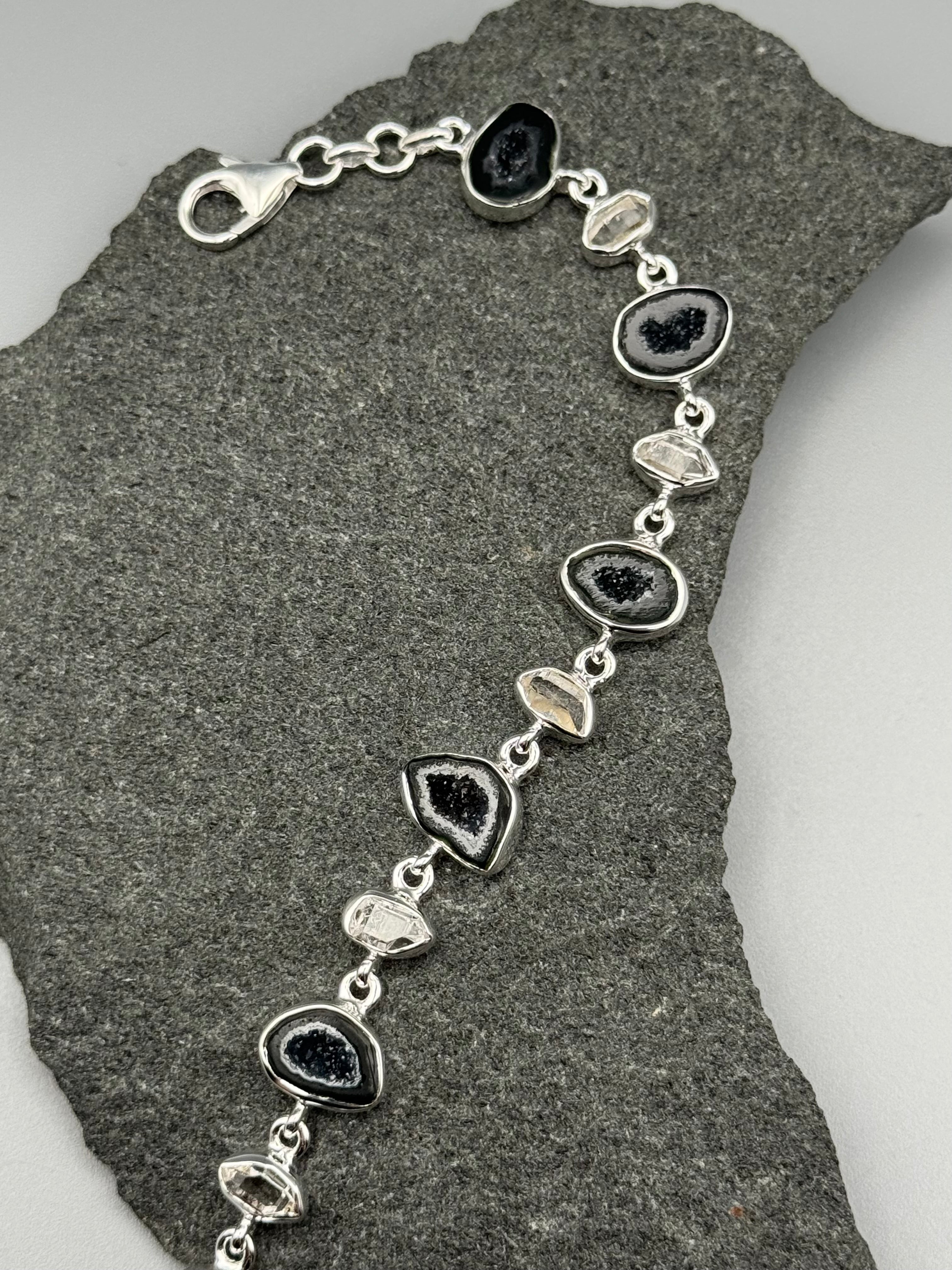 •COCONUT DRUZY + HERKIMER• linked silver bracelet (7.25" - 9")
