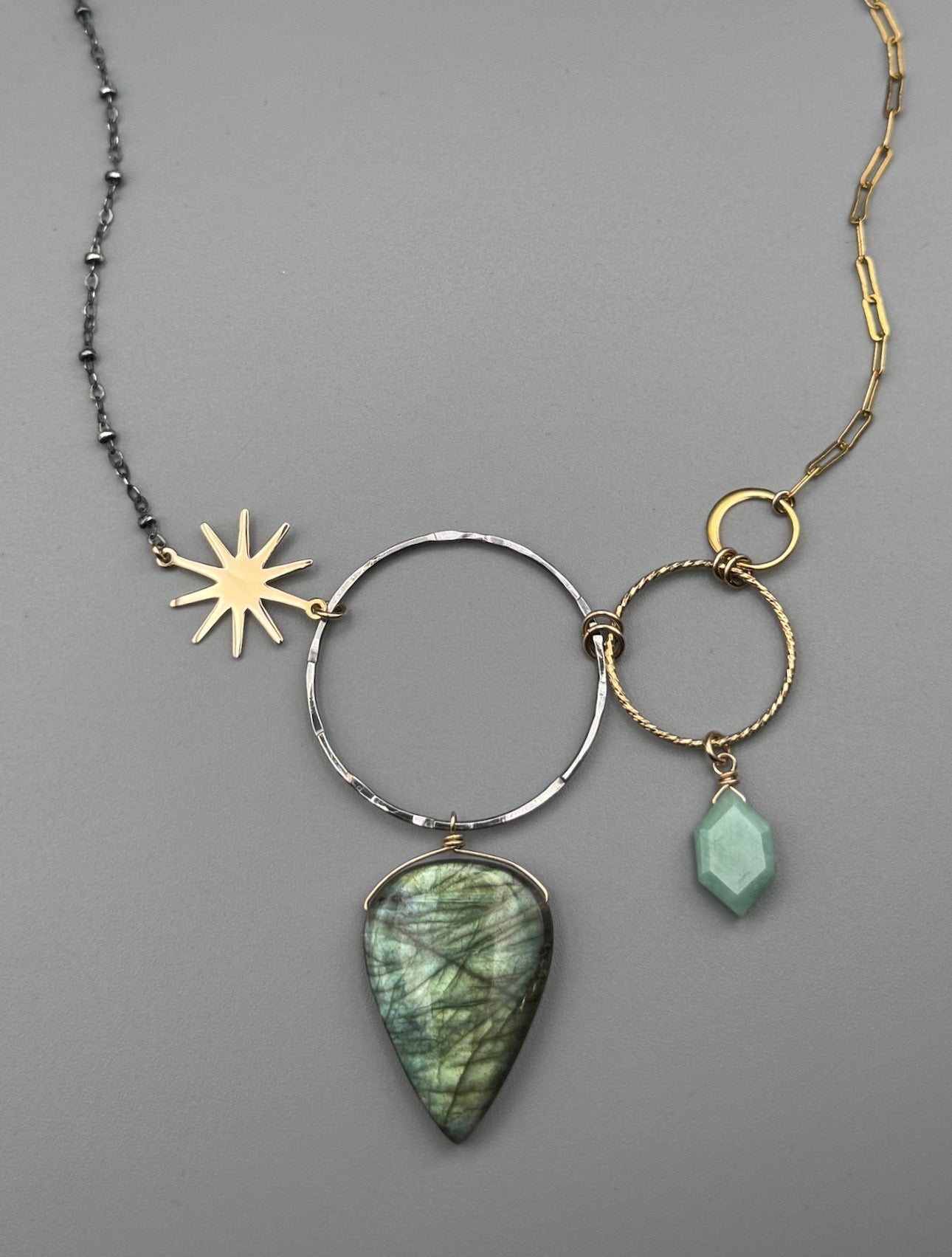 •UNION• emerald + labradorite mixed metal necklace (16"-18" long)
