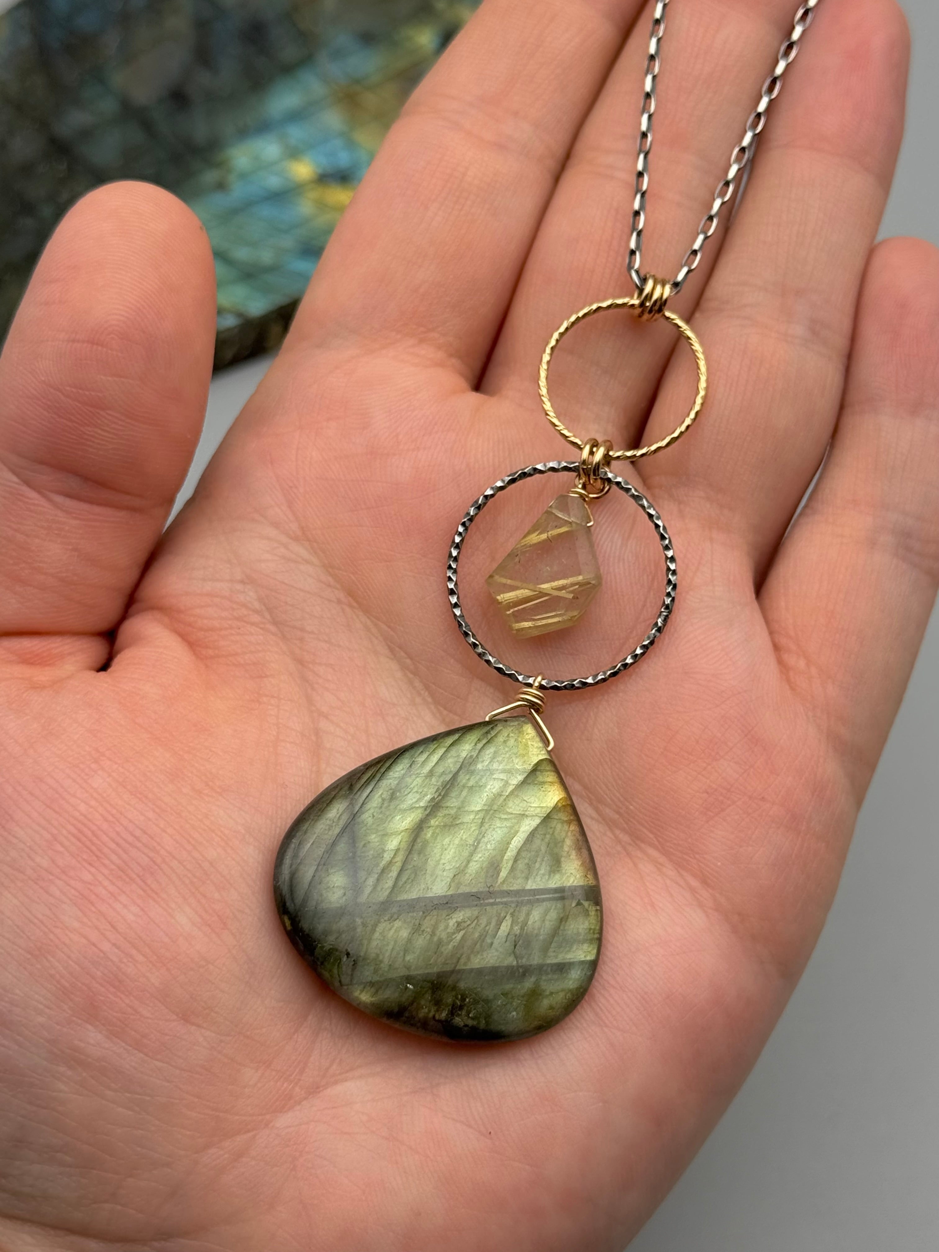 •NYX• rutilated quartz + labradorite mixed metal necklace (26"-28" long)