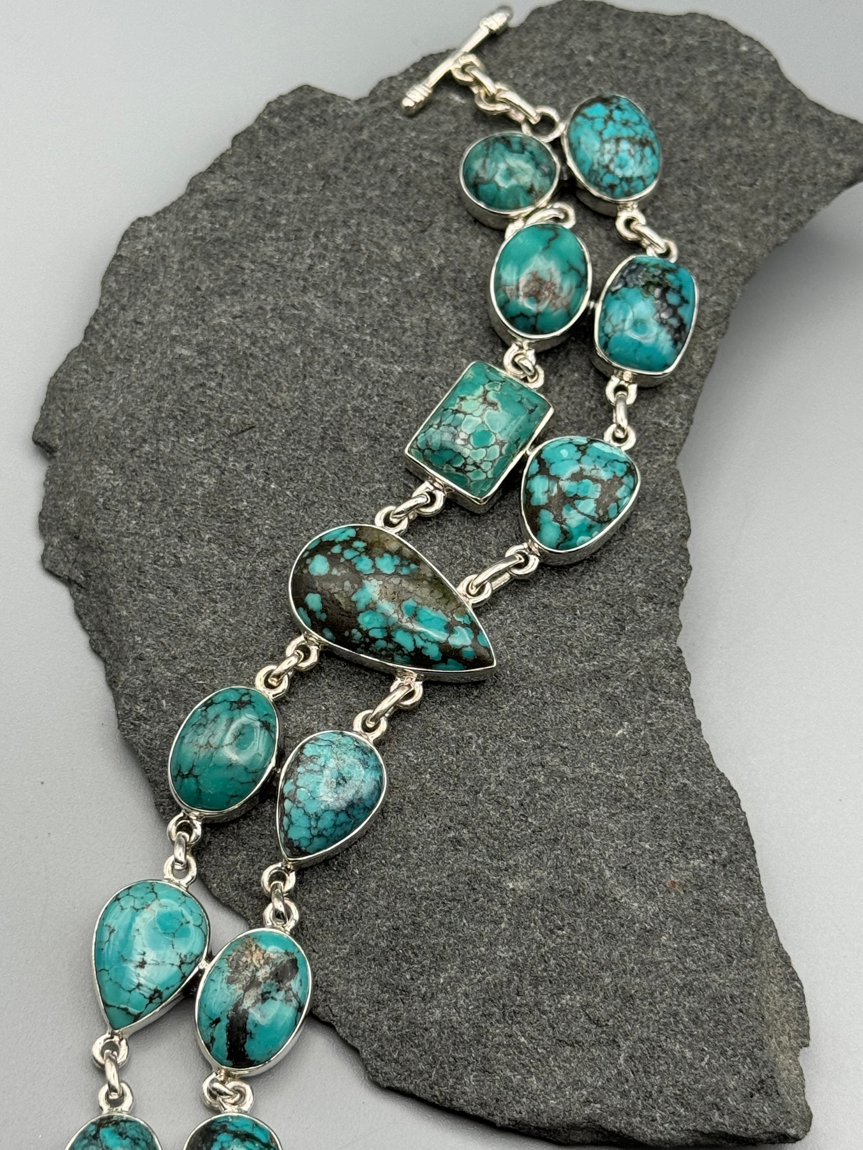 •TIBETAN TURQUOISE - TWOFOLD• linked silver bracelet (7" - 8")