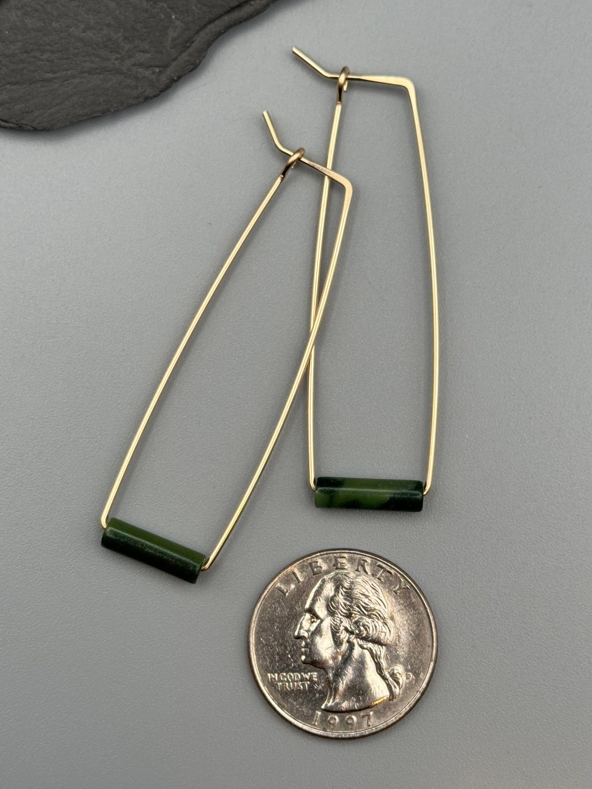 •RECTANGLE TUBE HOOP• jade + gold earrings