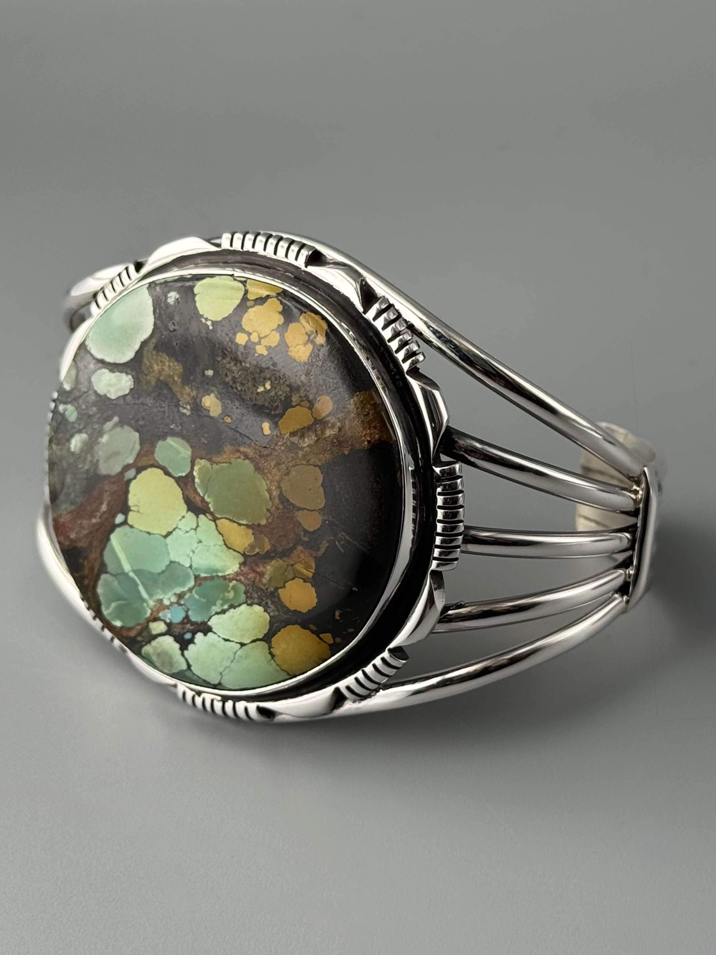 •BLACKJACK TURQUOISE - MOUNTAIN FEATHERS - 2• Navajo sterling silver cuff bracelet (7.5" +/-)