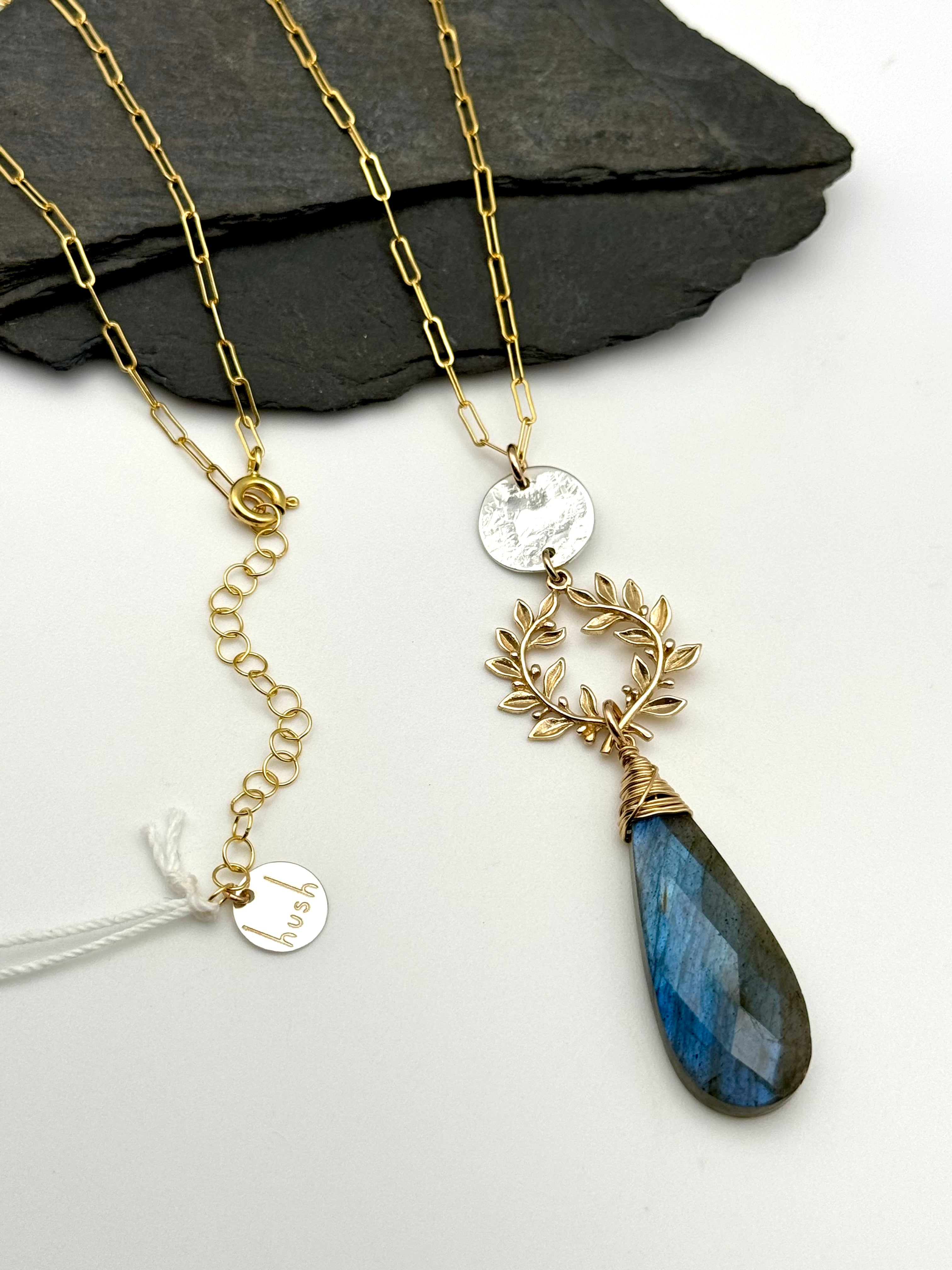 •ALCHEMY• labradorite + laurel leaves + mixed metal necklace (26"-28" long)