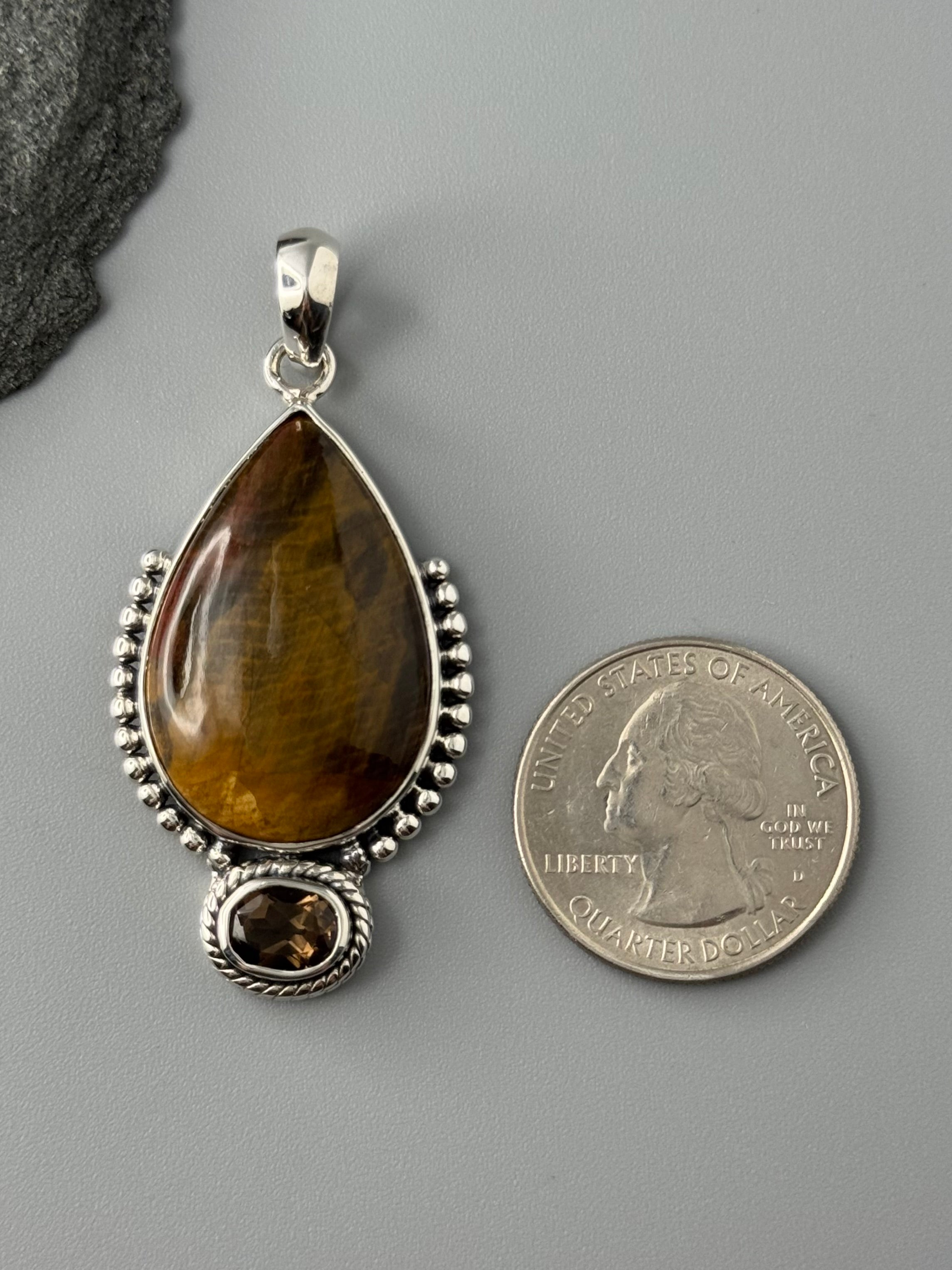 •PETRIFIED WOOD + SMOKY QUARTZ - 2• sterling silver pendant