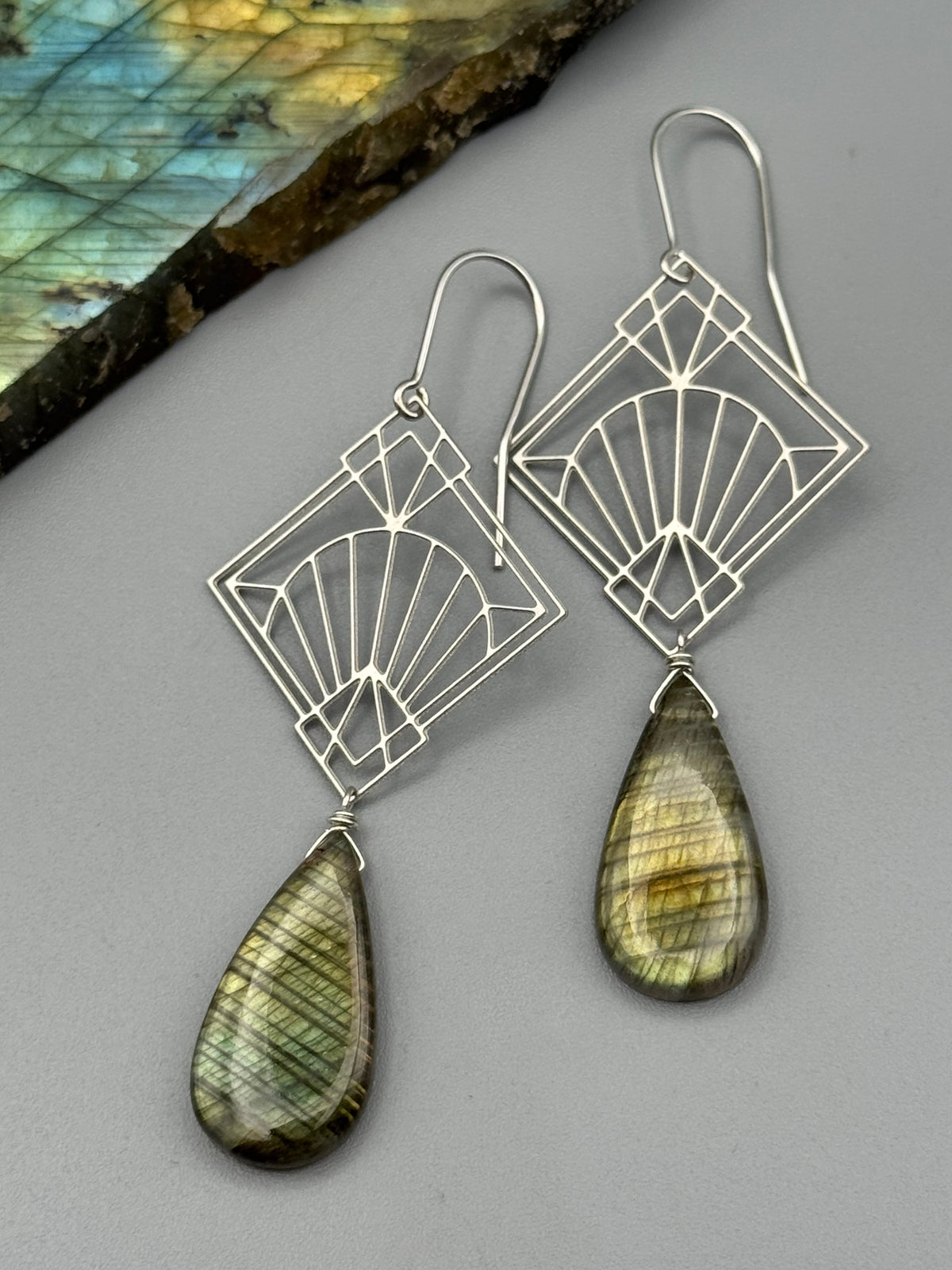 •DECO DIAMOND• golden labradorite tear + silver earrings