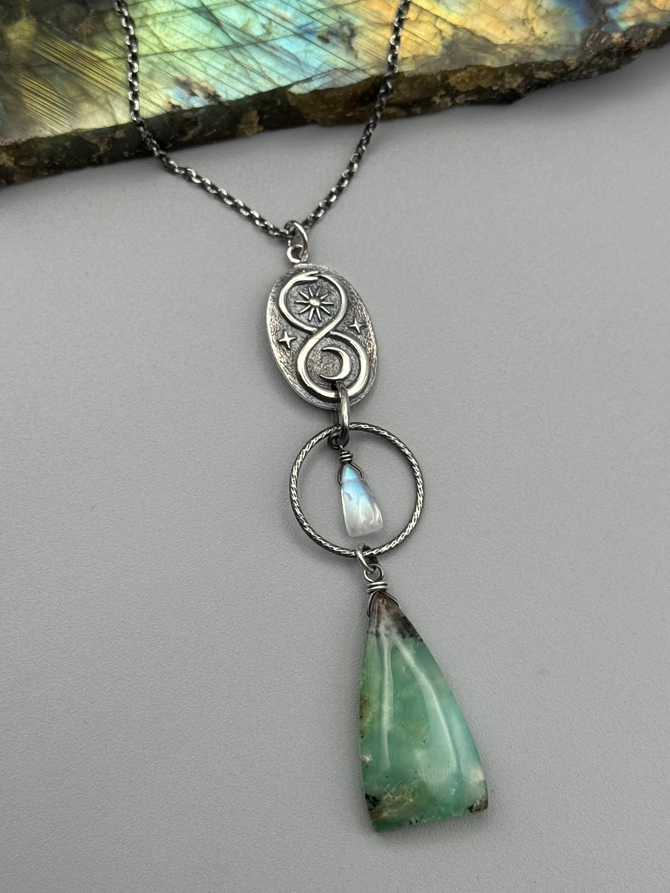 •NĀGA• rainbow moonstone + chrysoprase silver necklace (18"-20" long)