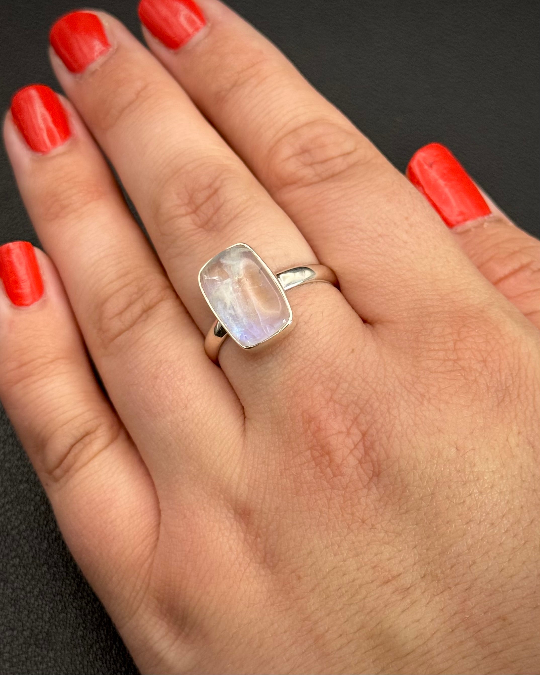 •RAINBOW MOONSTONE - LARGE SOFT RECTANGLE• silver ring (size 11)