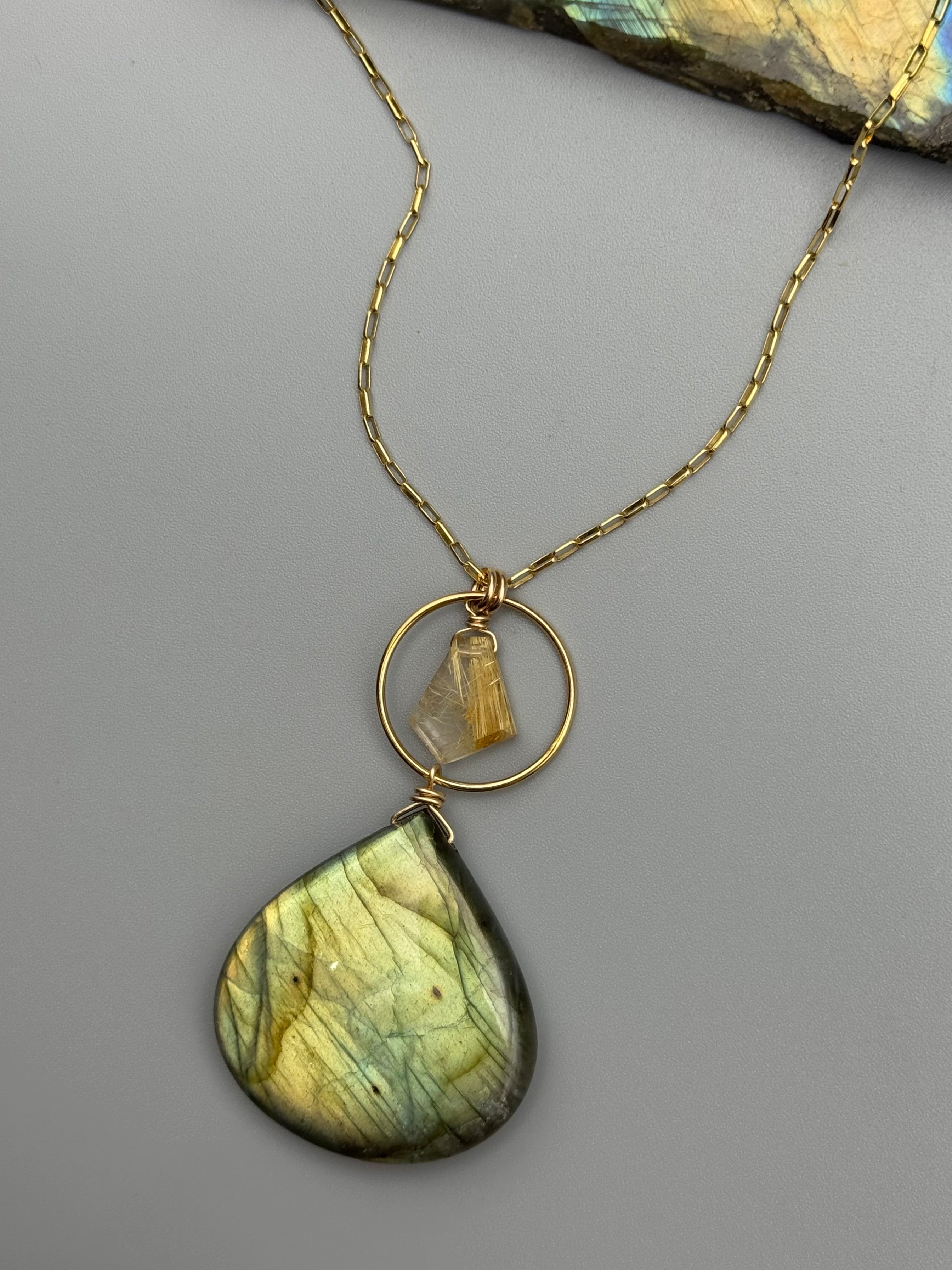 •LUNA• rutilated quartz + labradorite gold necklace (18"-20" long)