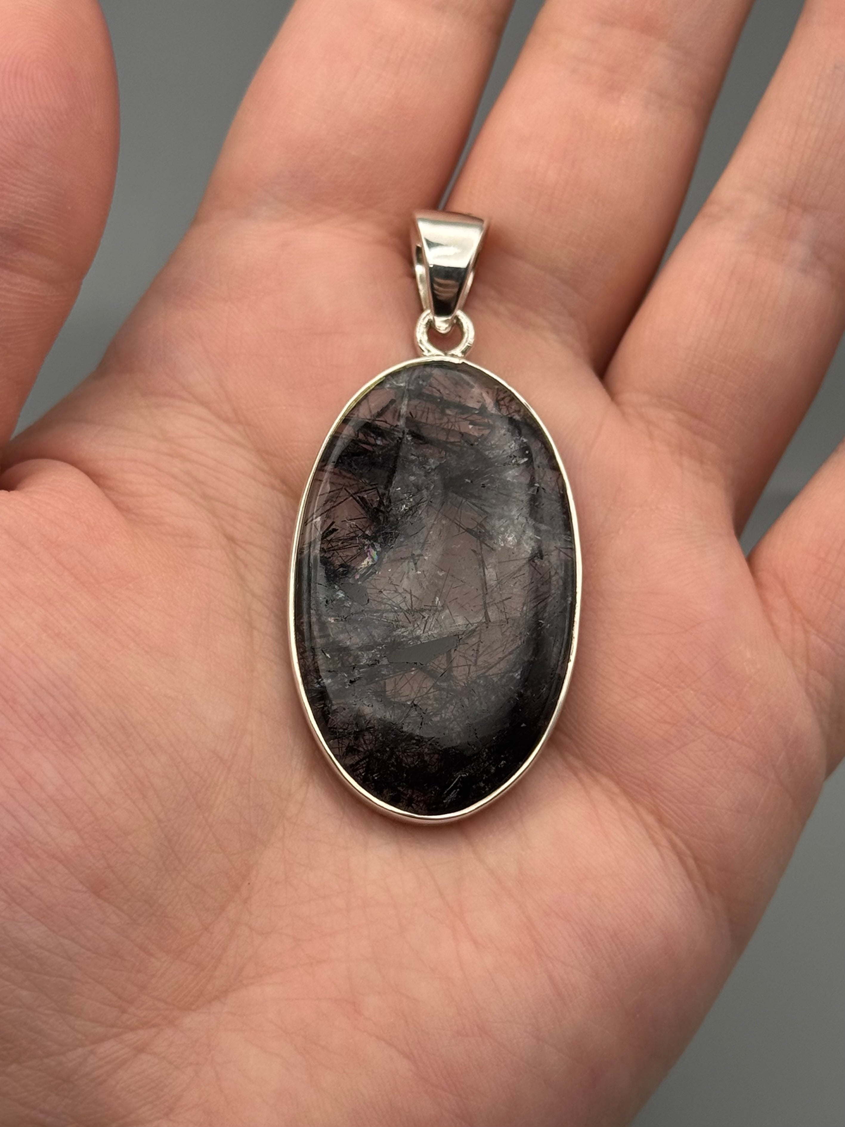 •TOURMALINATED QUARTZ - OVAL 1• sterling silver pendant