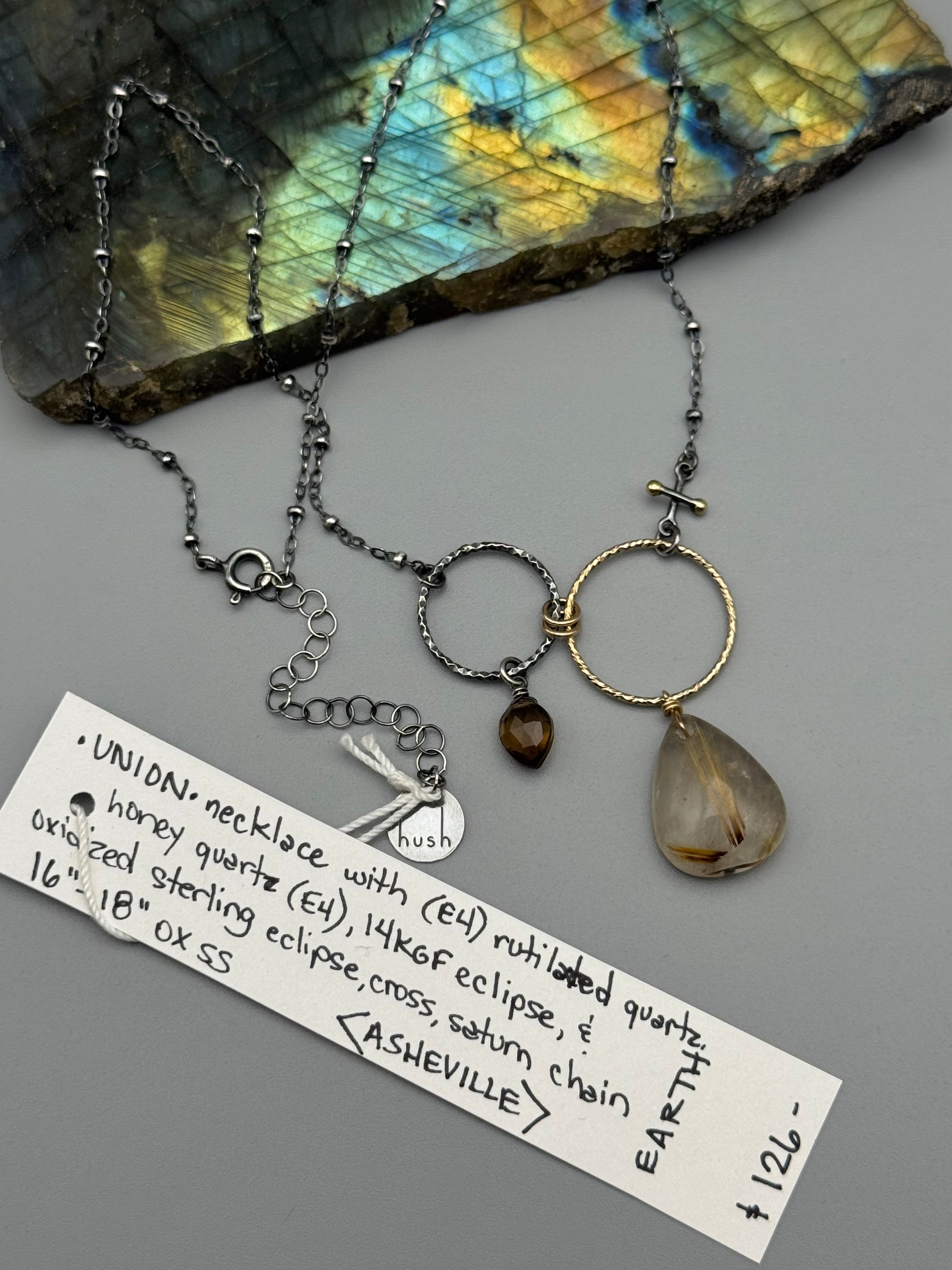 •UNION• honey quartz + rutilated quartz mixed metal necklace (16"-18" long)