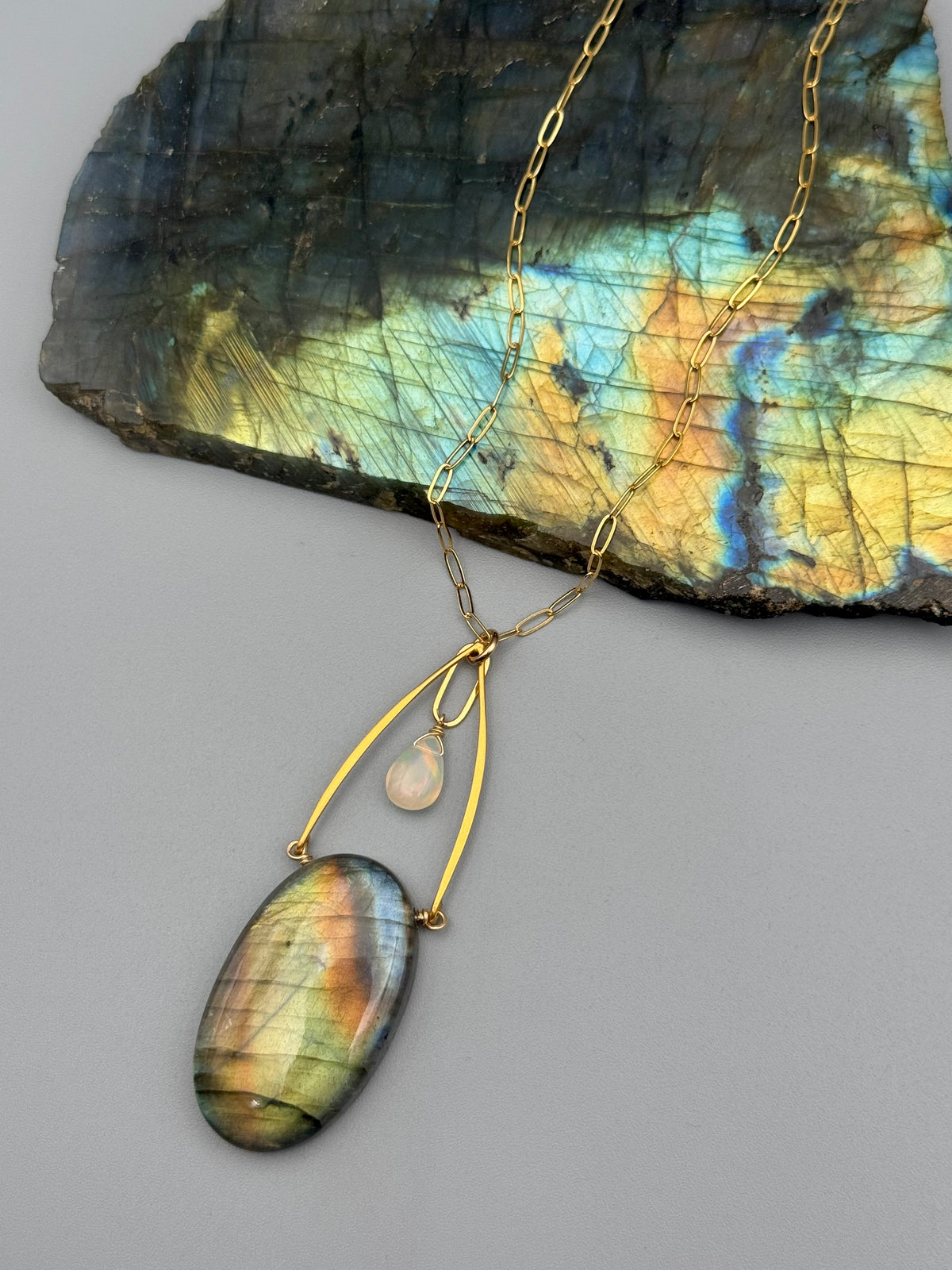 •AEON• labradorite + opal gold necklace (17"-19" long)