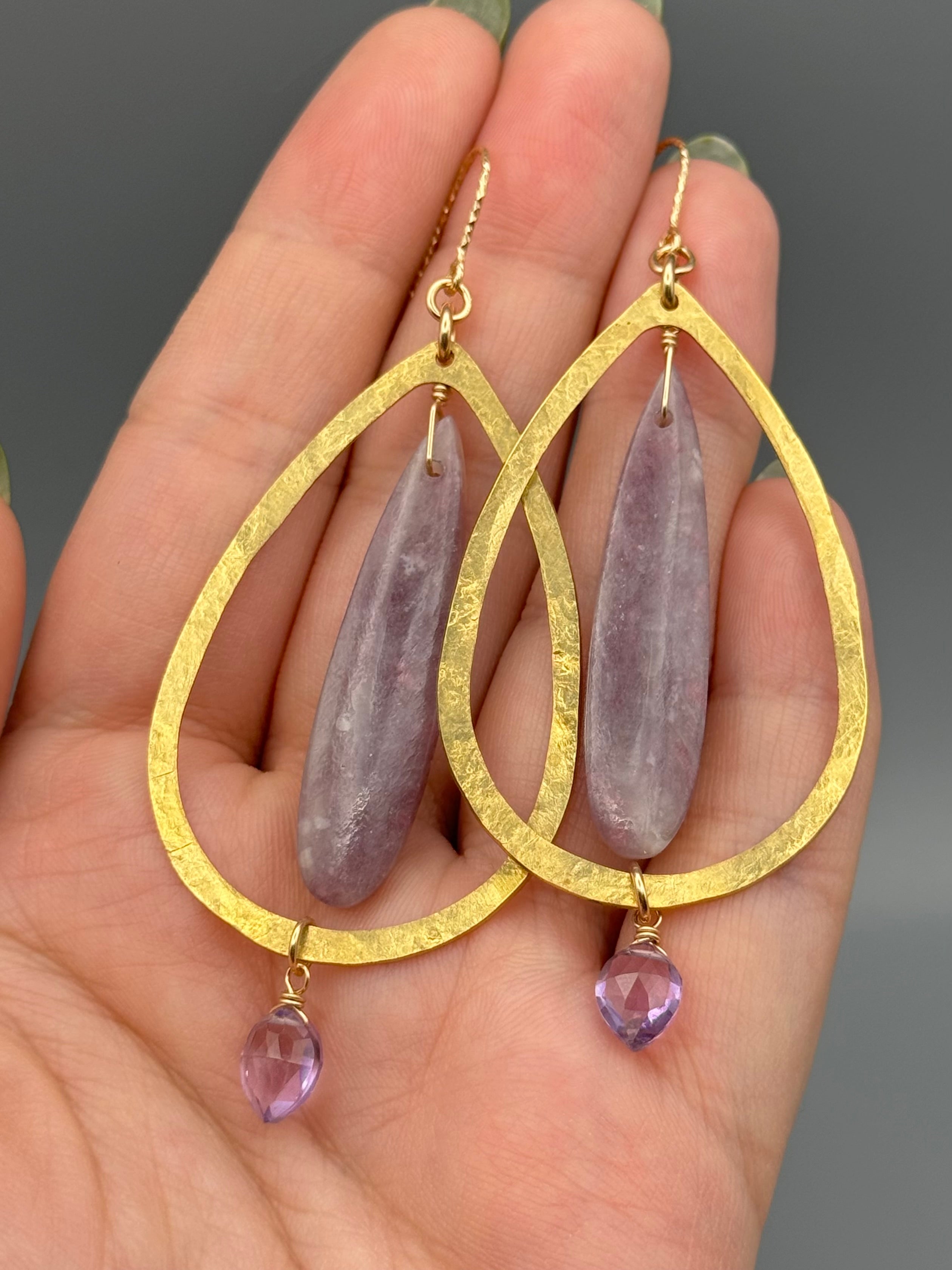 •DRIP DROP• tourmaline in lepidolite + amethyst gold earrings
