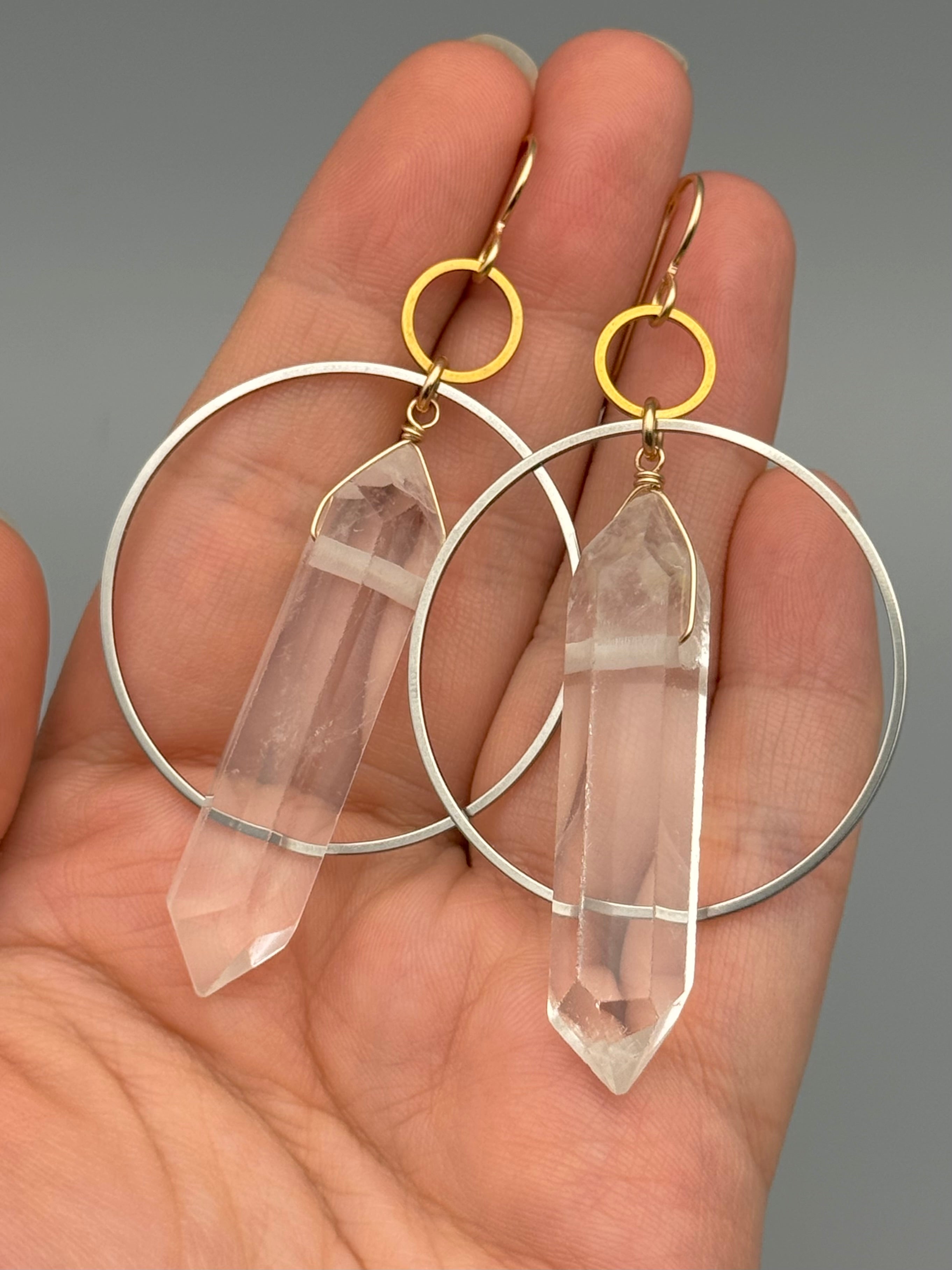 •EQUA-ORBIT• double terminated quartz + mixed metal earrings