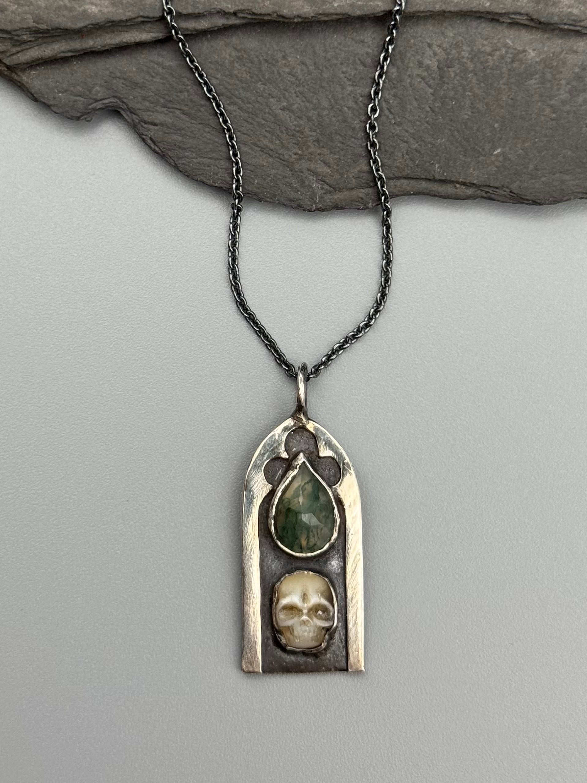 •GOTHIC SKULL• moss agate + mother of pearl + silver necklace (19" long)