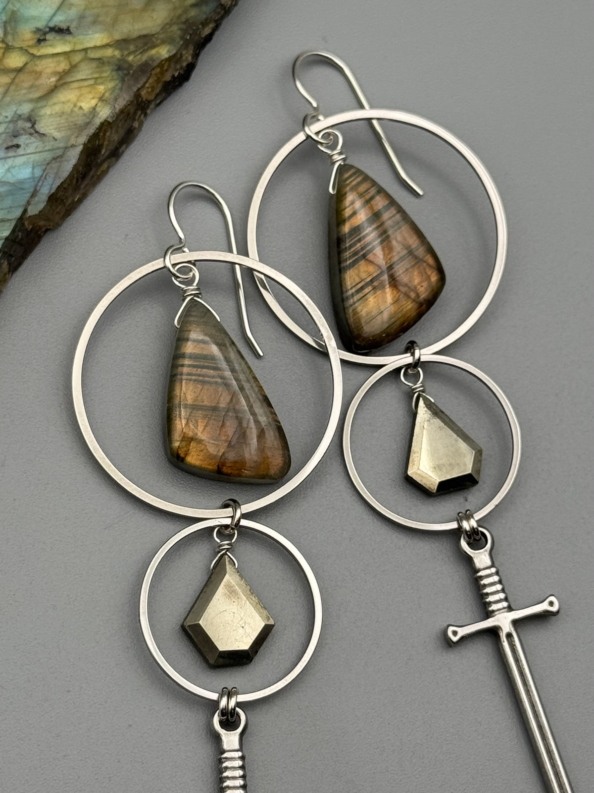 •AELIN• golden labradorite wing + pyrite silver earrings