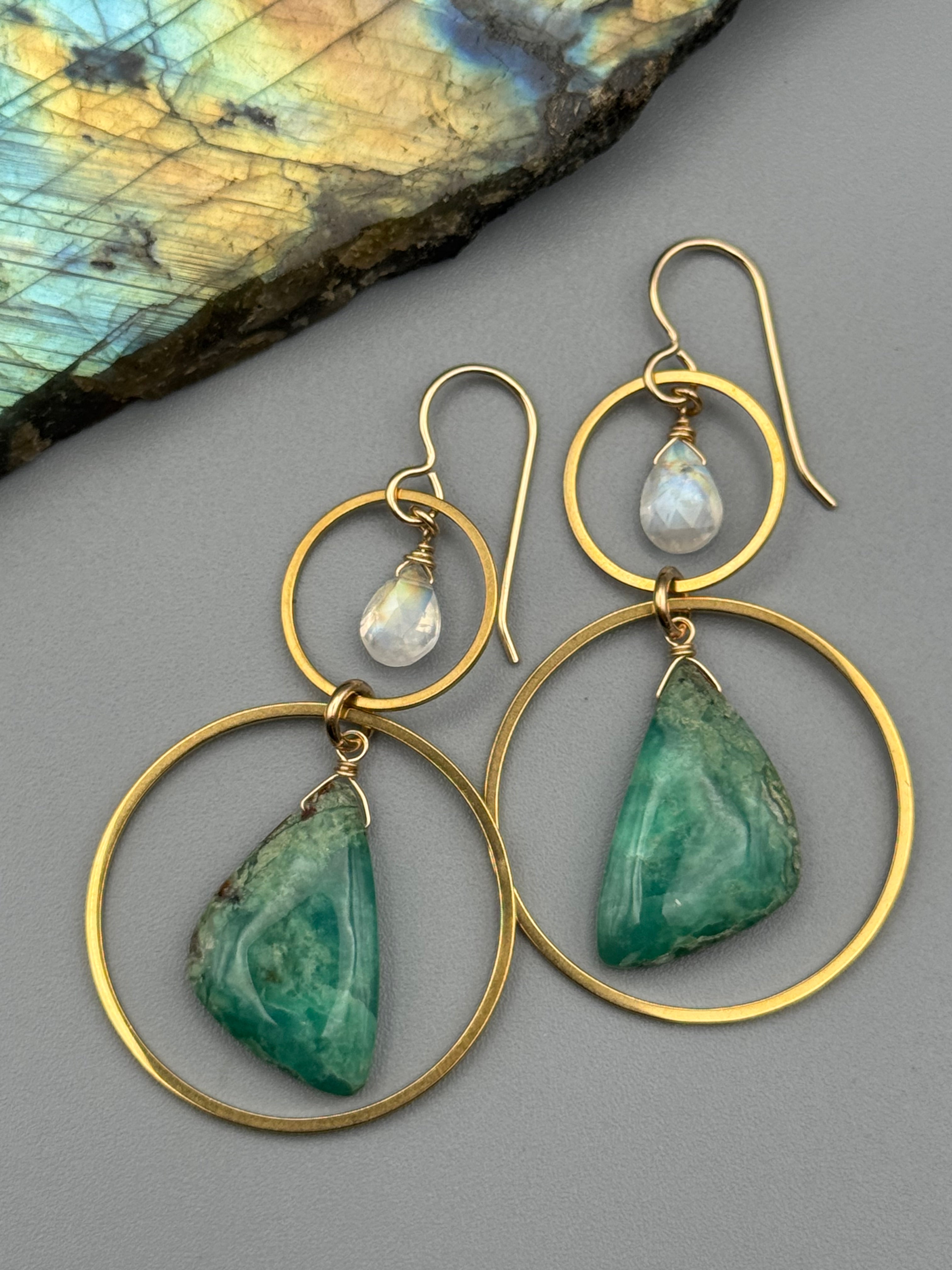 •4 OF CUPS• rainbow moonstone + chrysoprase wing gold earrings