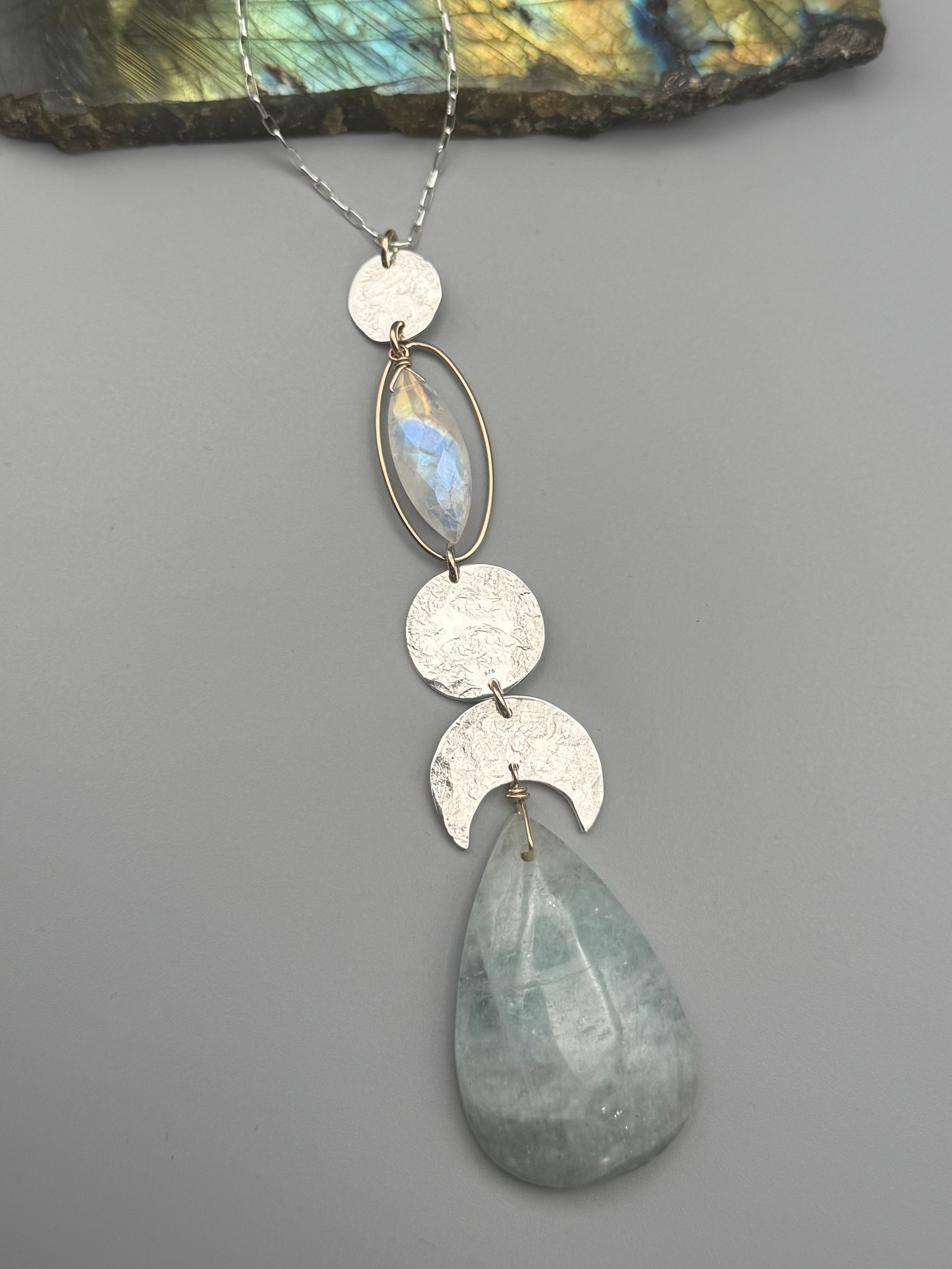 •NYX• rainbow moonstone + aquamarine mixed metal necklace (26"-28" long)