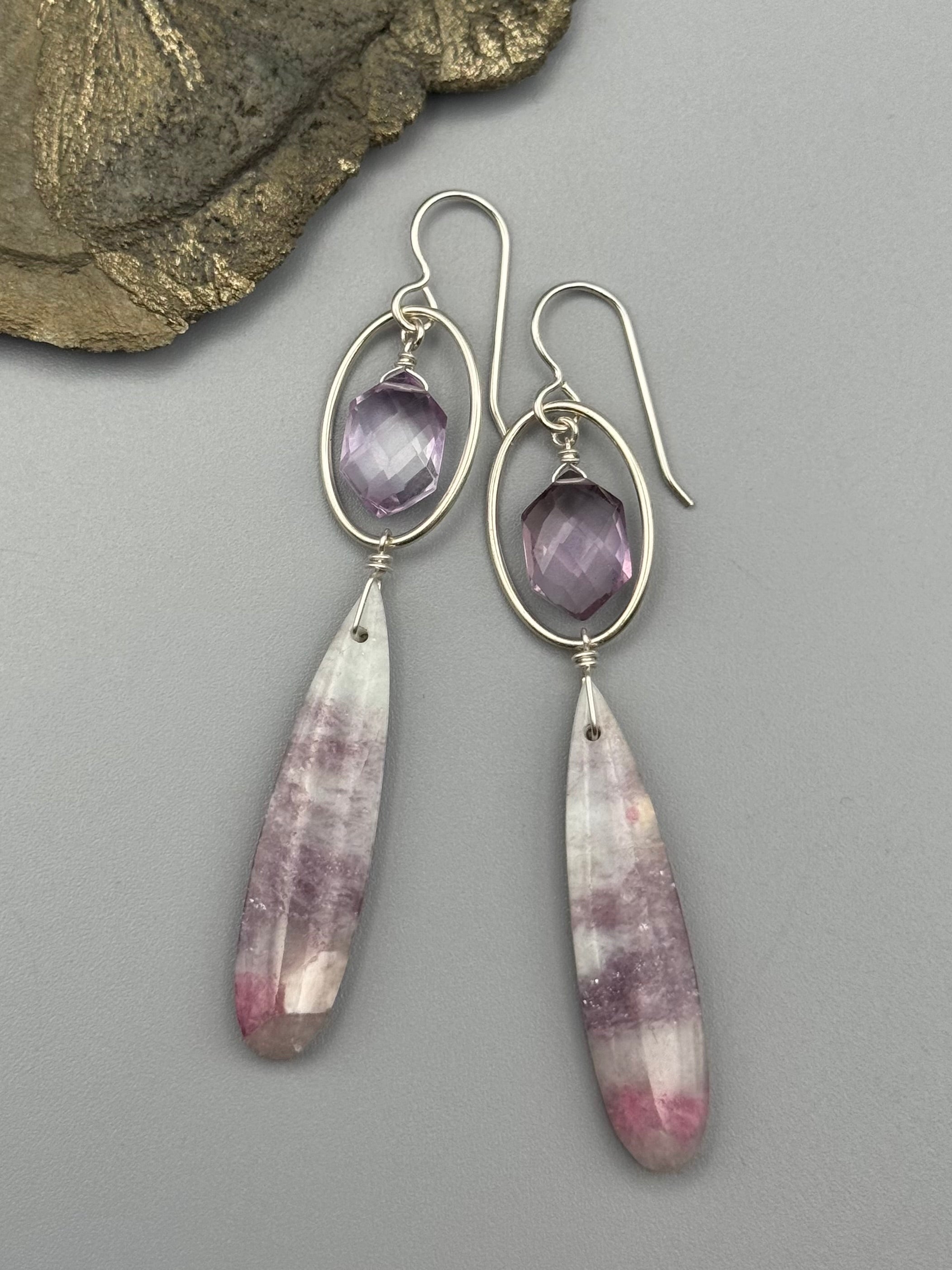 •LUNA• amethyst + tourmaline in lepidolite silver earrings