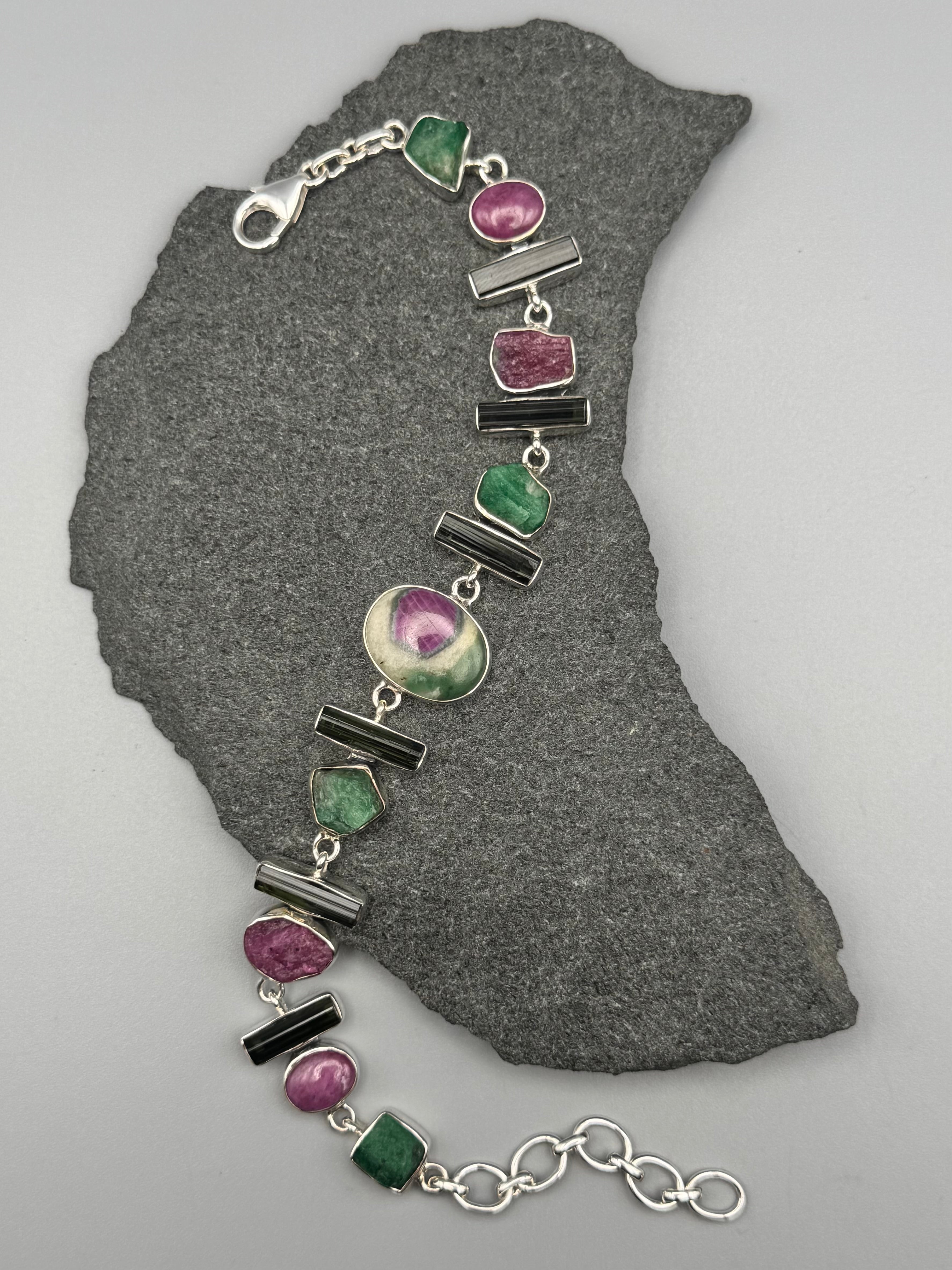 •RUBY FUCHSITE - MULTI-STONE• linked silver bracelet (7.5" - 9")