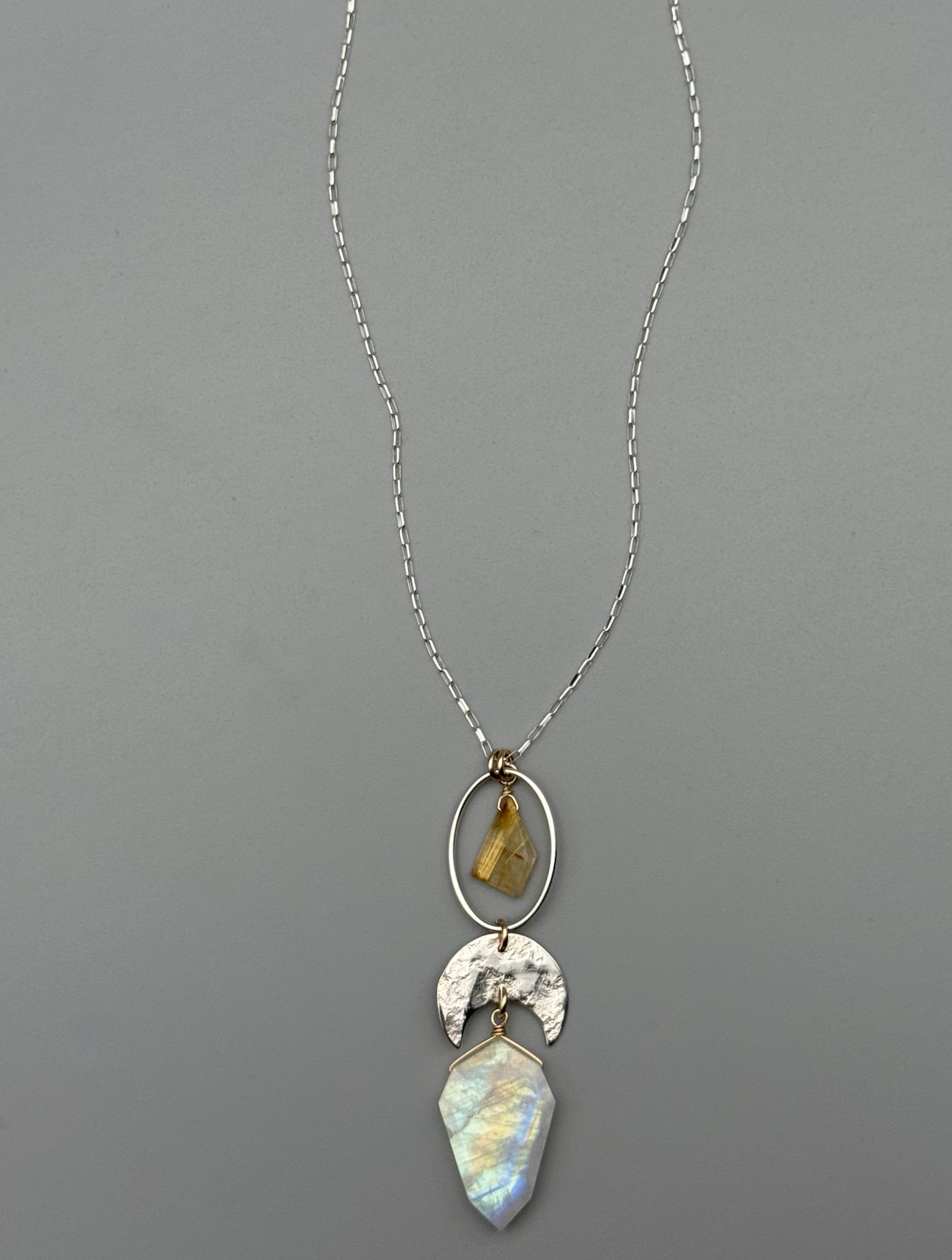 •NYX• rutilated quartz + rainbow moonstone petal mixed metal necklace (26"-28" long)