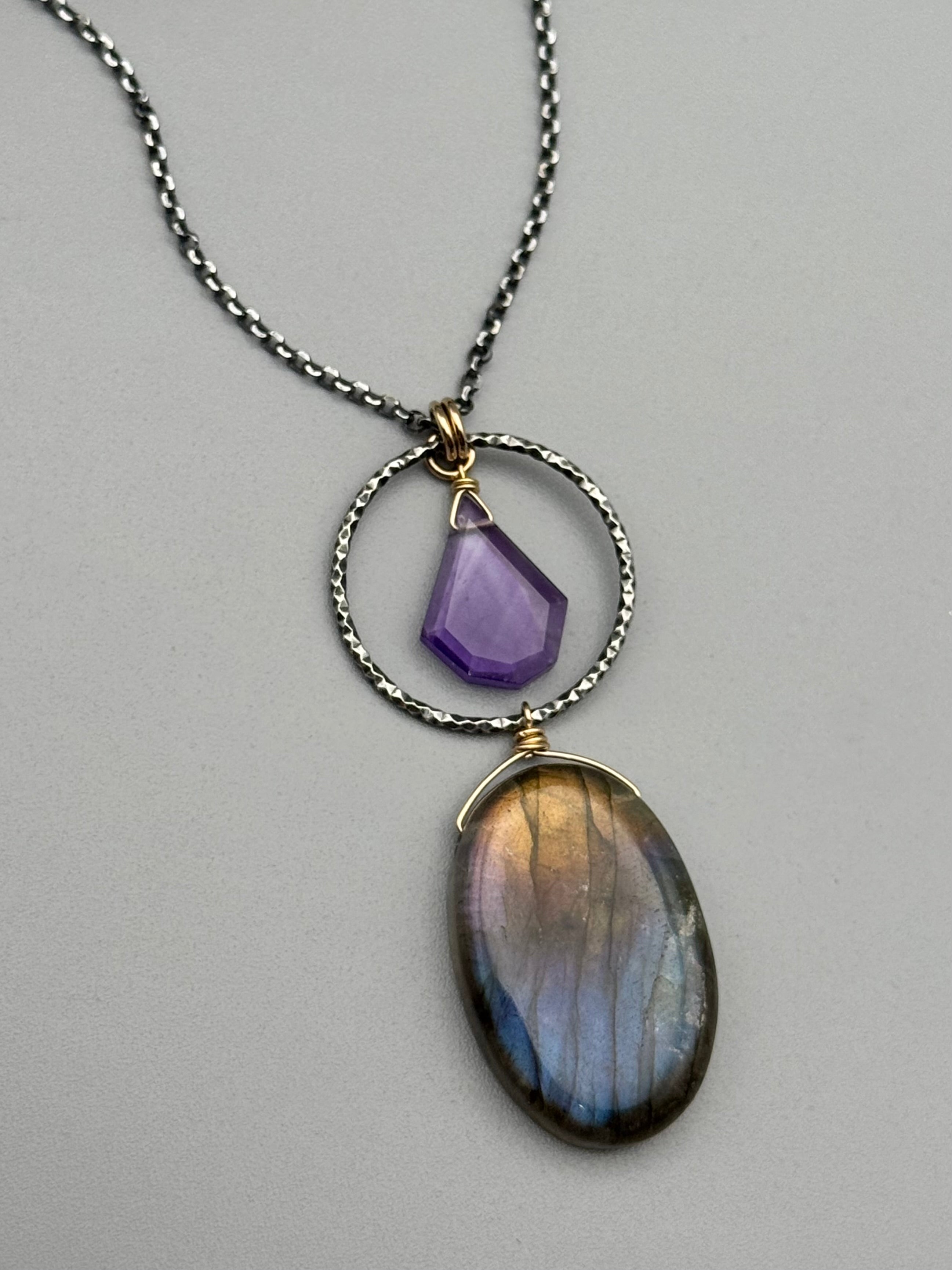 •LUNA• amethyst + labradorite mixed metal necklace (16"-18" long)