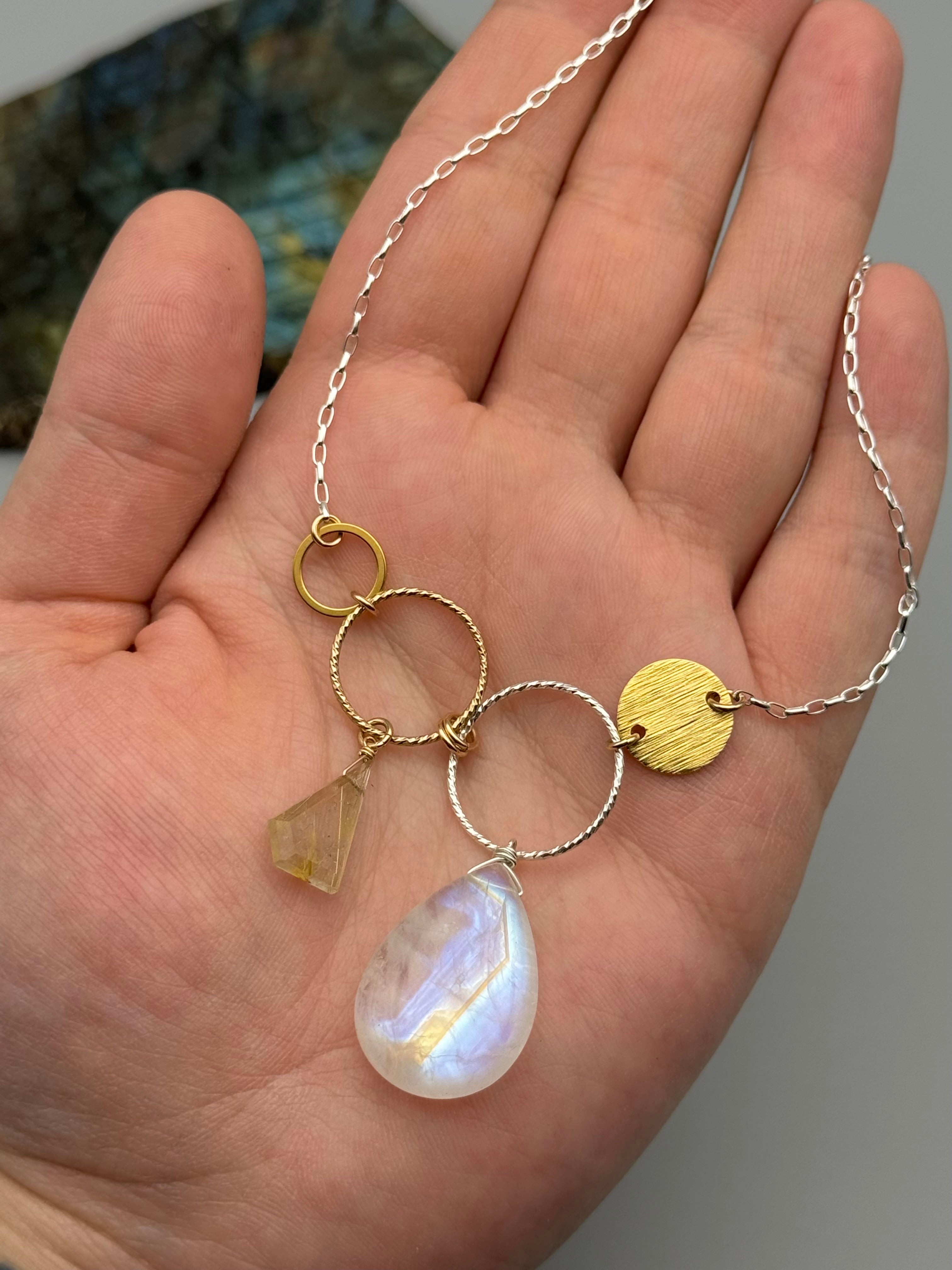 •UNION• rutilated quartz + rainbow moonstone mixed metal necklace (16"-18" long)
