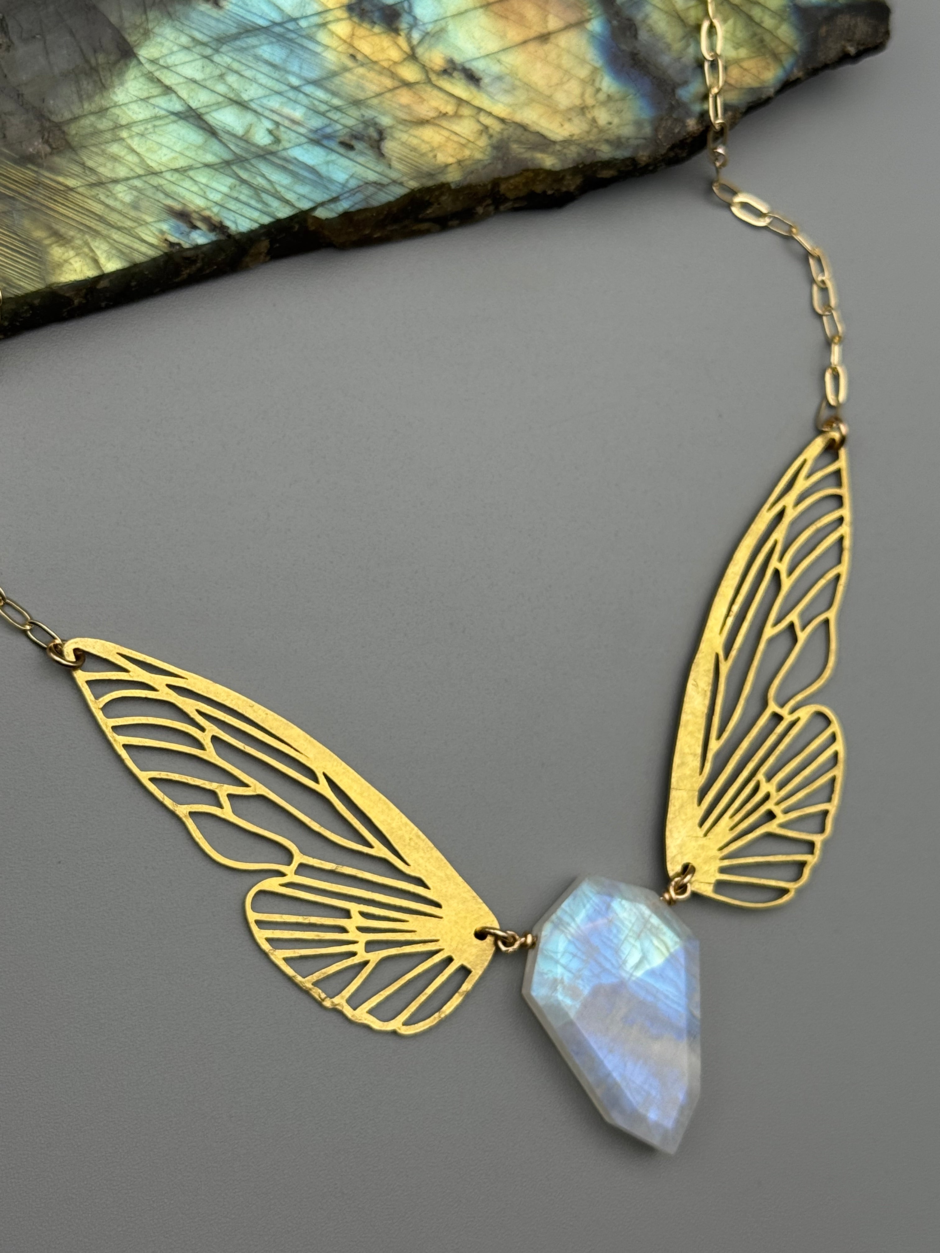 •METAMORPH• rainbow moonstone petal + gold necklace (16"-18" long)