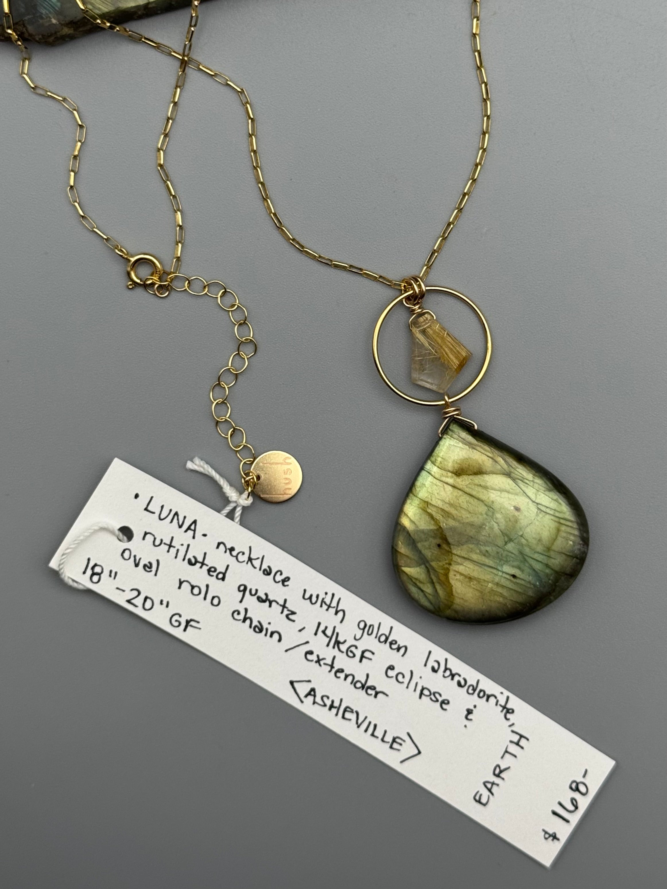 •LUNA• rutilated quartz + labradorite gold necklace (18"-20" long)