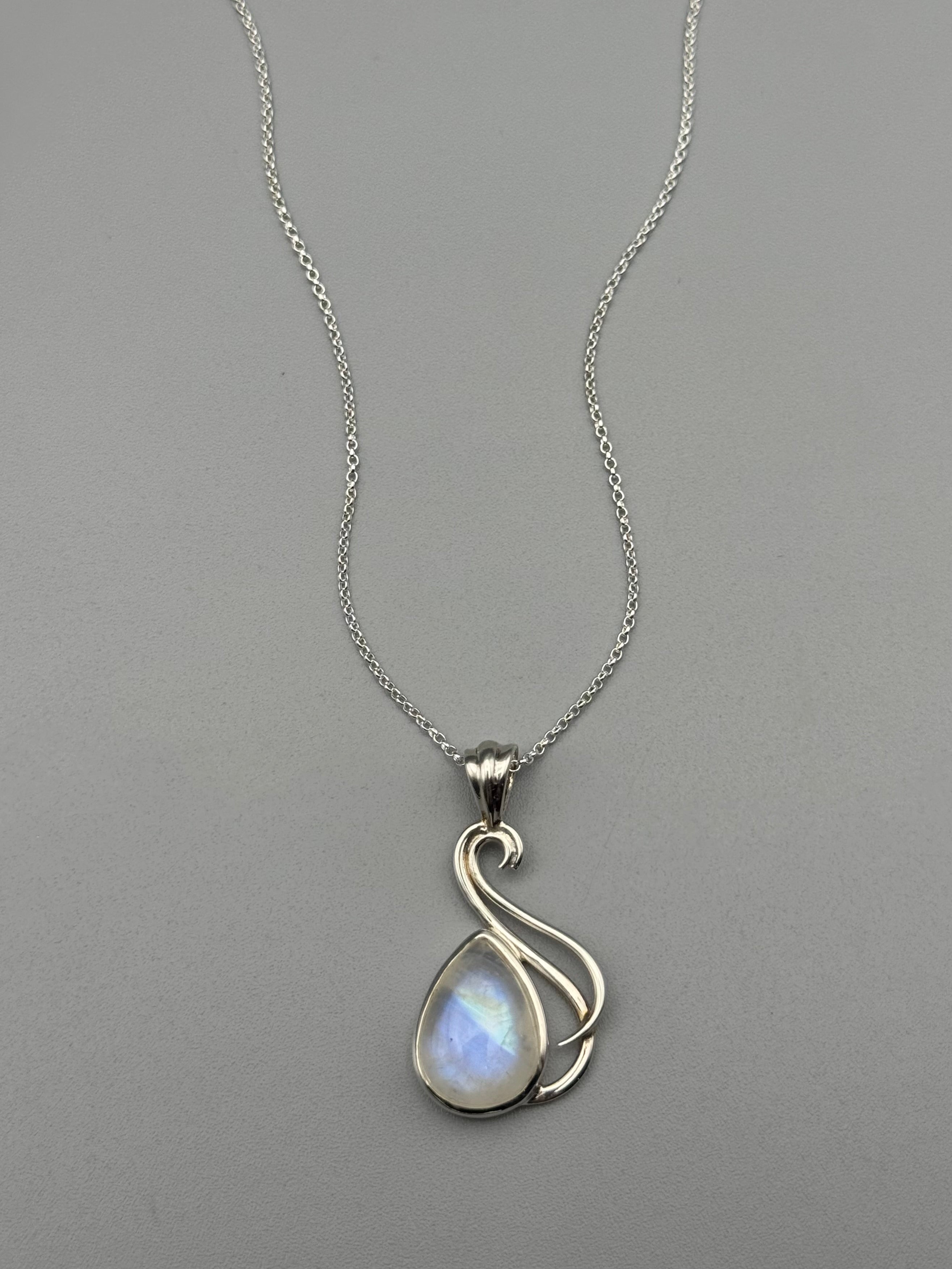•RAINBOW MOONSTONE TEAR - SMALL FLOURISH• sterling silver necklace (18" long)