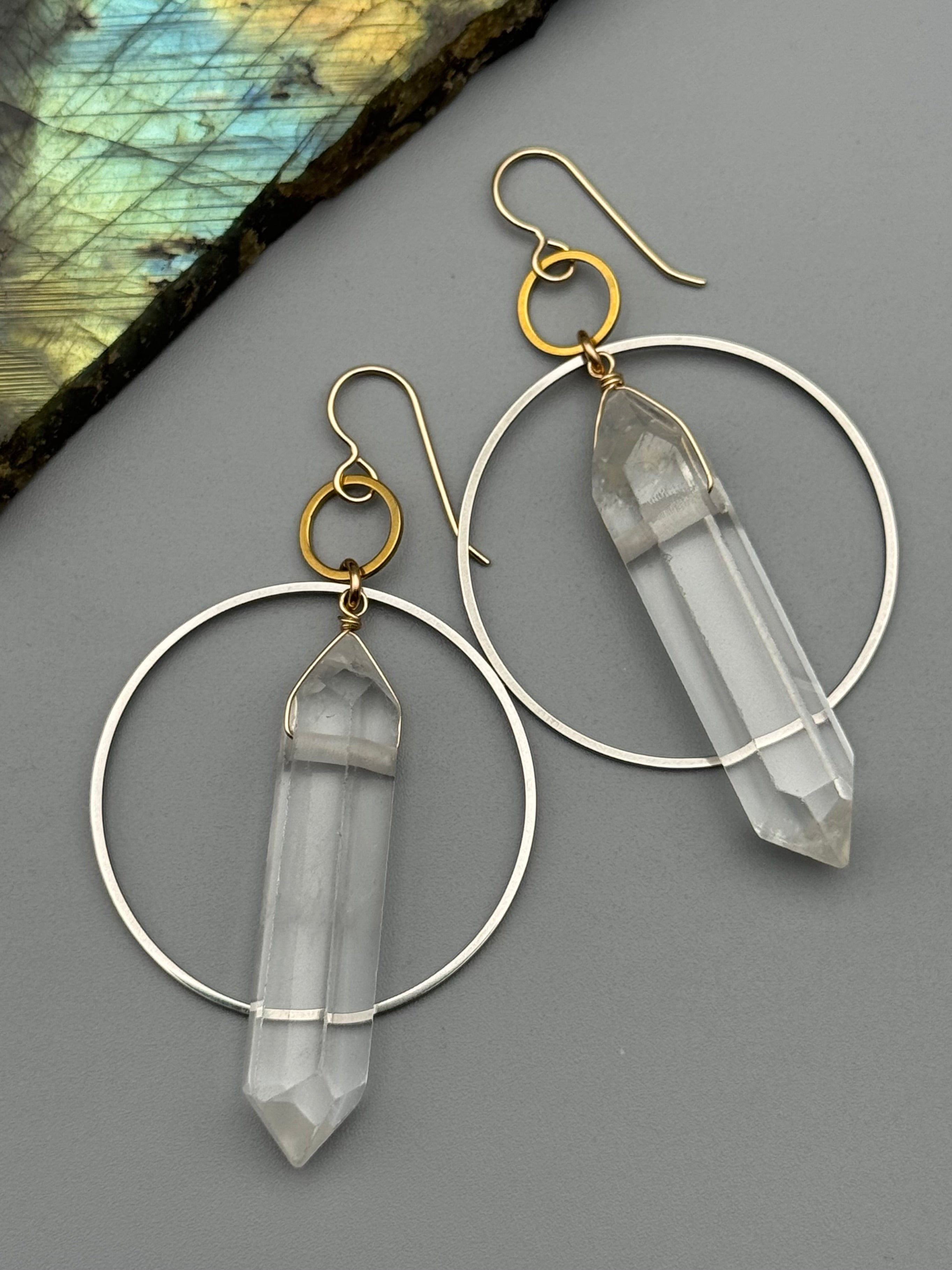 •EQUA-ORBIT• double terminated quartz + mixed metal earrings