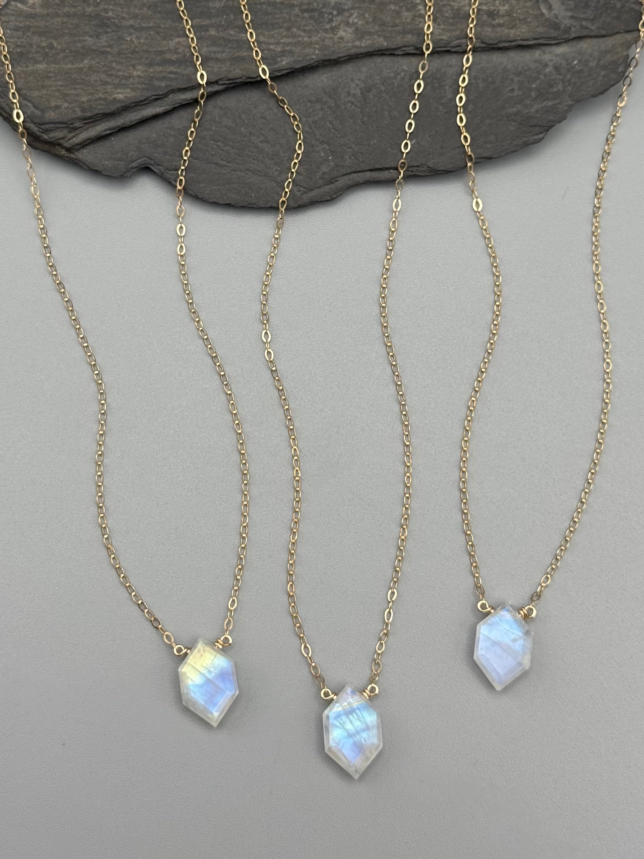 •STRAY• faceted rainbow moonstone lil' hex + gold necklace (various lengths)