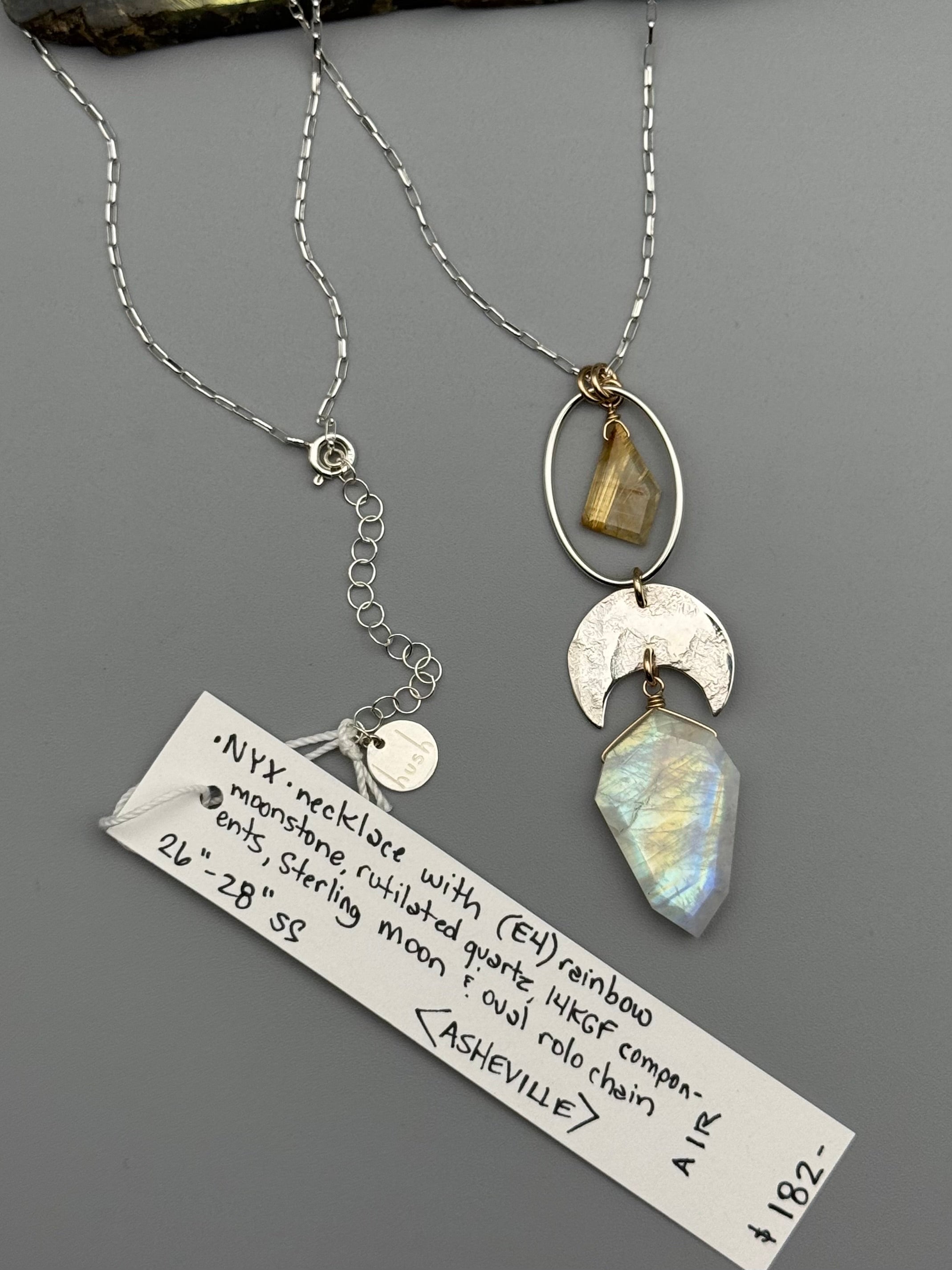 •NYX• rutilated quartz + rainbow moonstone petal mixed metal necklace (26"-28" long)