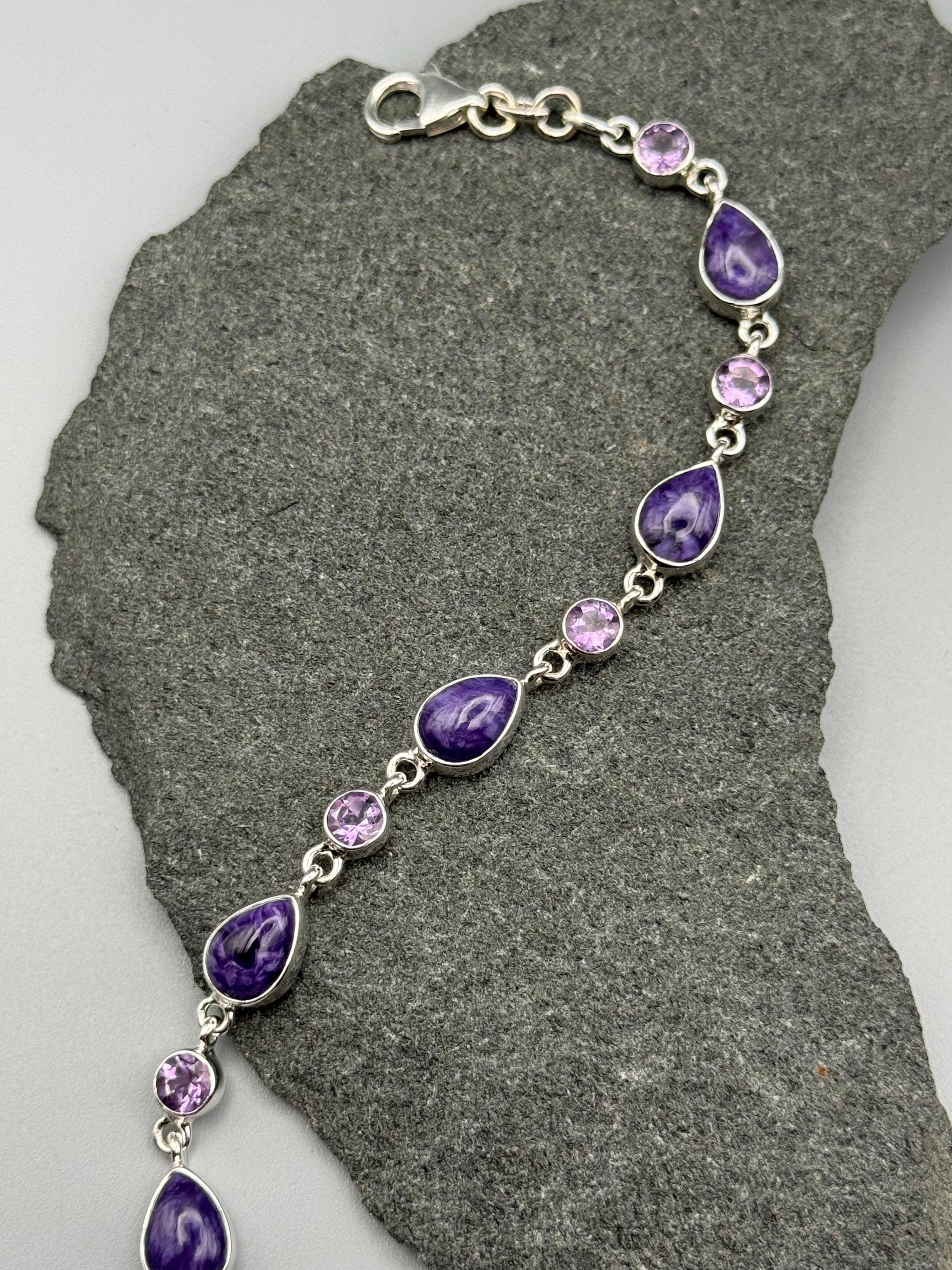 •CHAROITE + AMETHYST• linked silver bracelet (7.5" - 9")