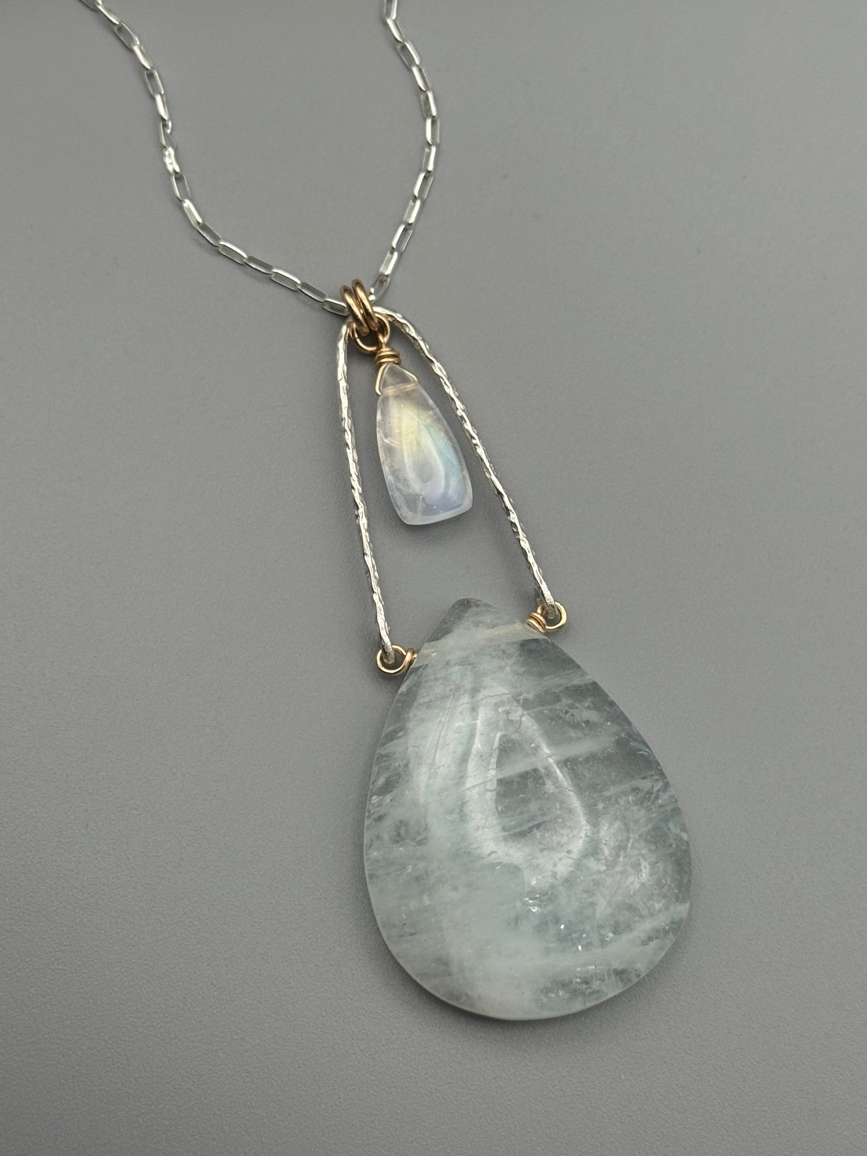 •INVOKE• rainbow moonstone + aquamarine mixed metal necklace (26"-28" long)