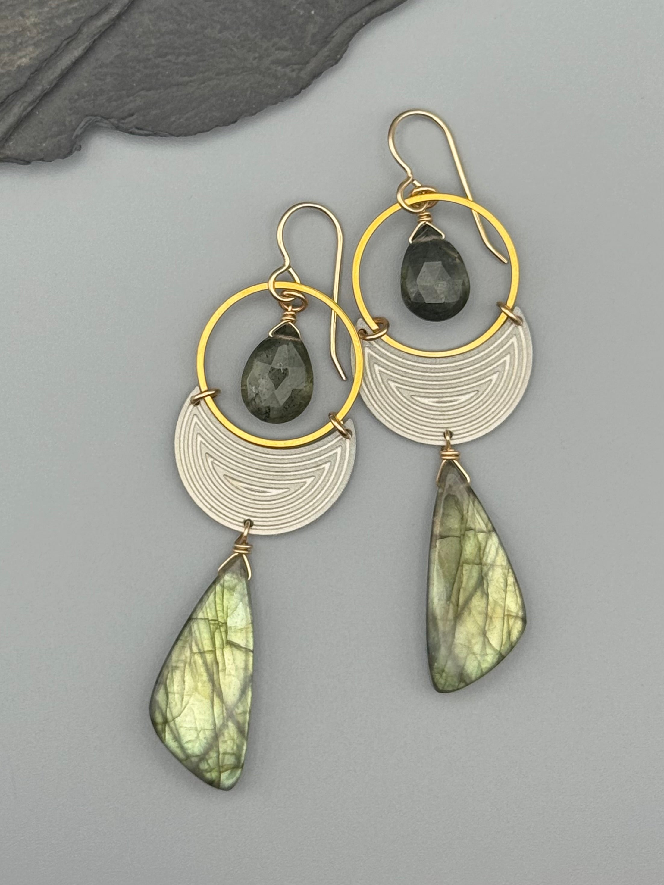 •MOON SHADOW• moss aquamarine + labradorite mixed metal earrings