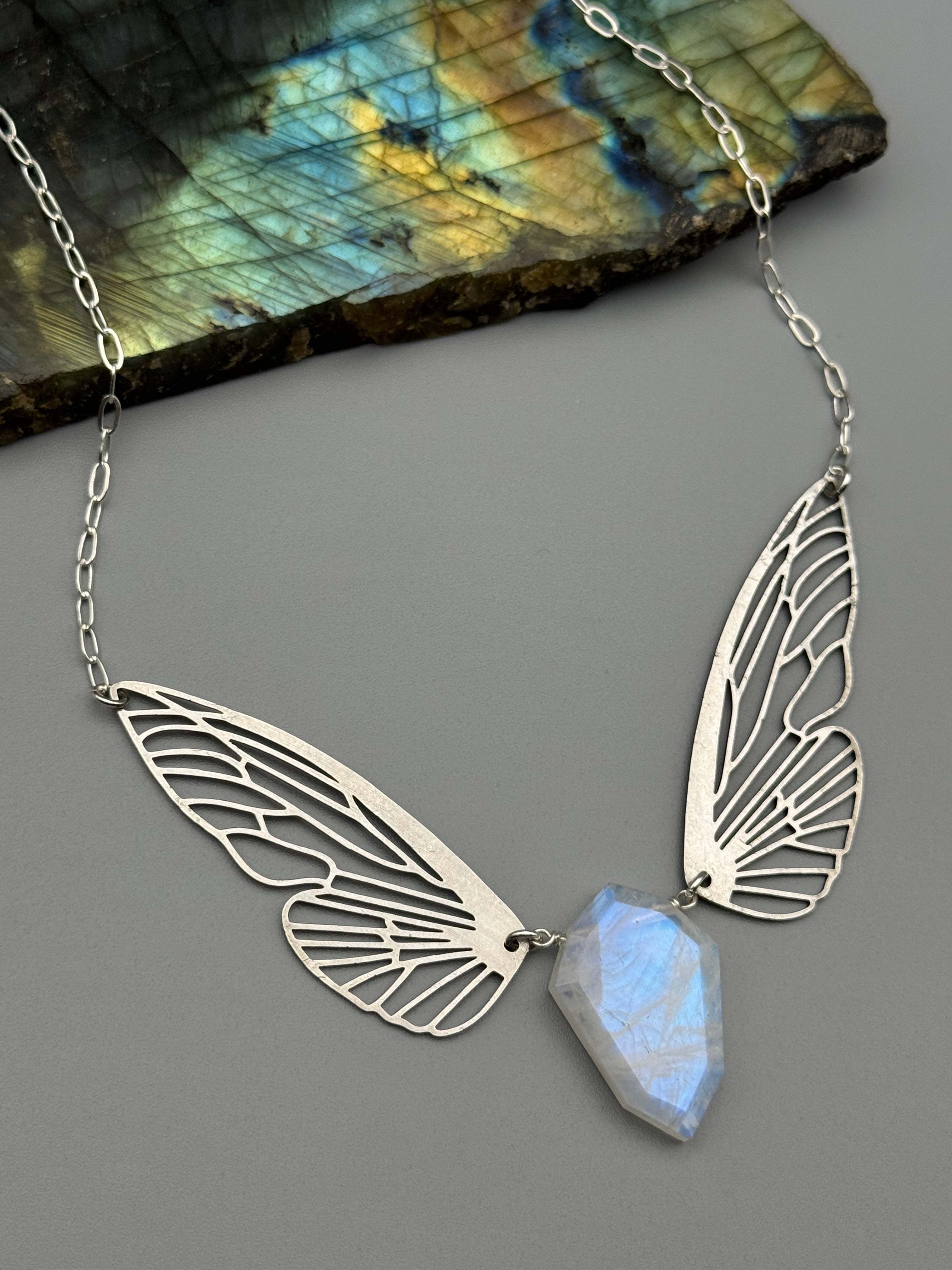•METAMORPH• rainbow moonstone petal + silver necklace (16"-18" long)