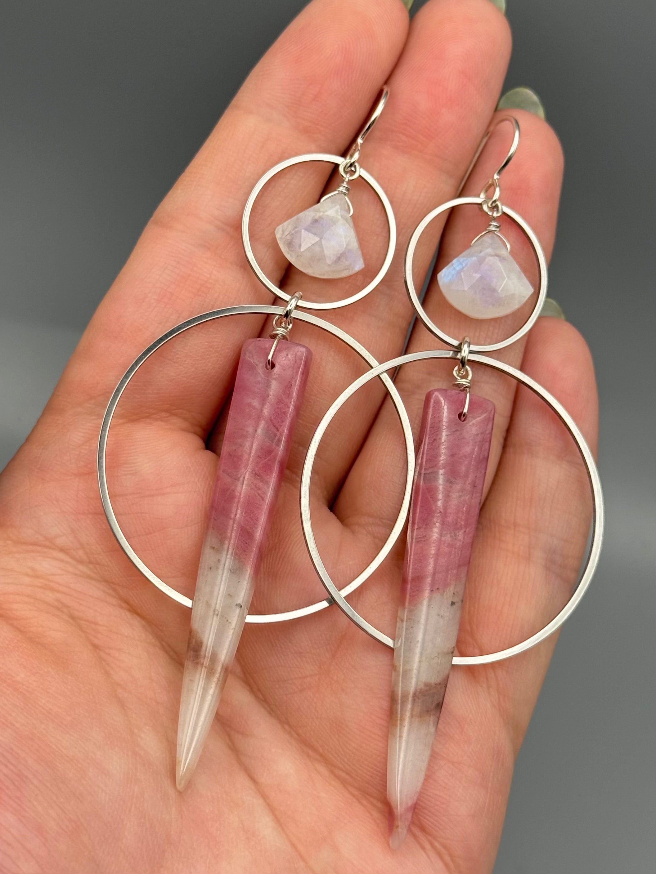 •EQUA-ORBIT• rainbow moonstone + rhodonite in quartz silver earrings