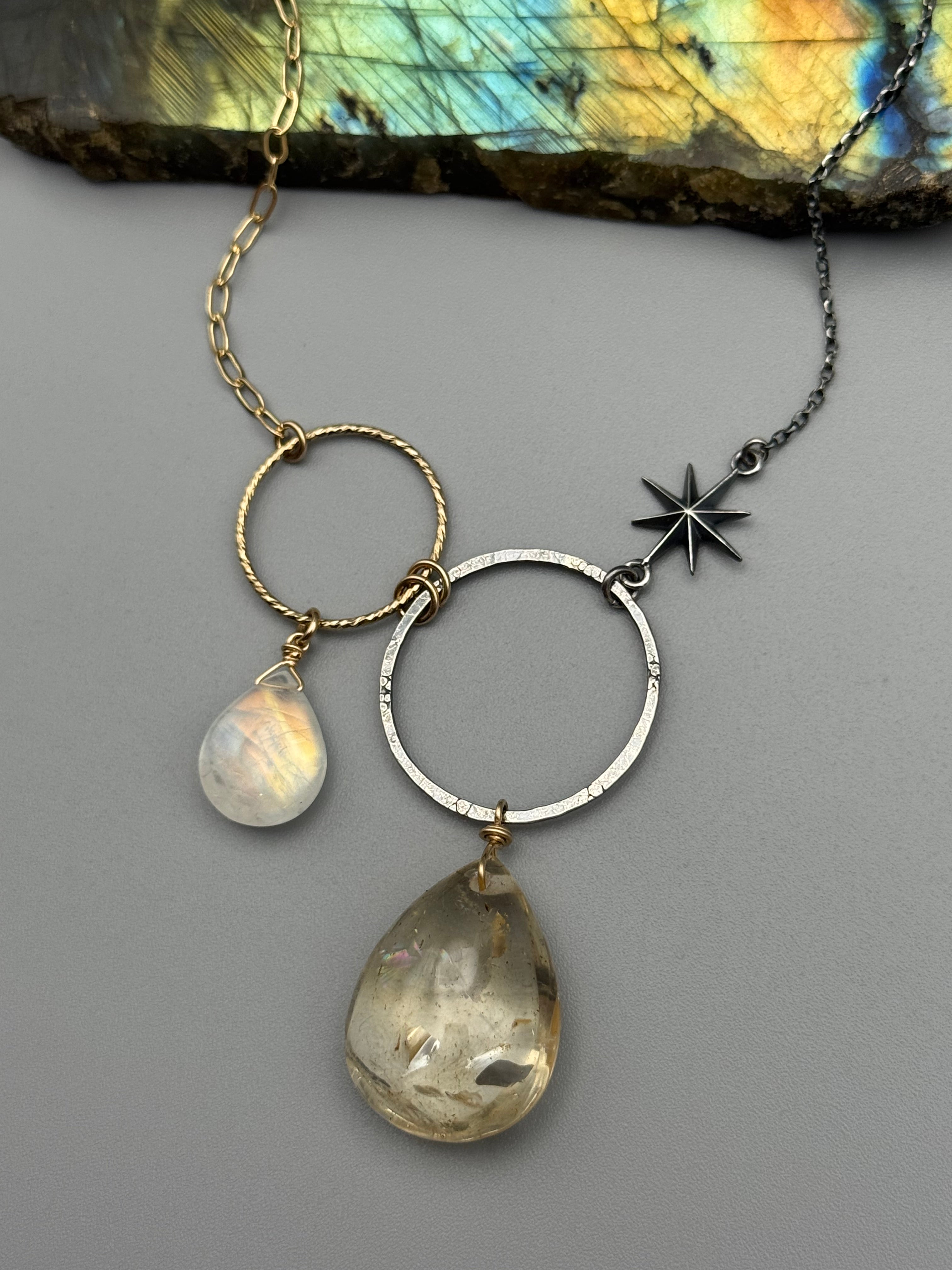 •UNION• rainbow moonstone + citrine mixed metal necklace (18"-20" long)