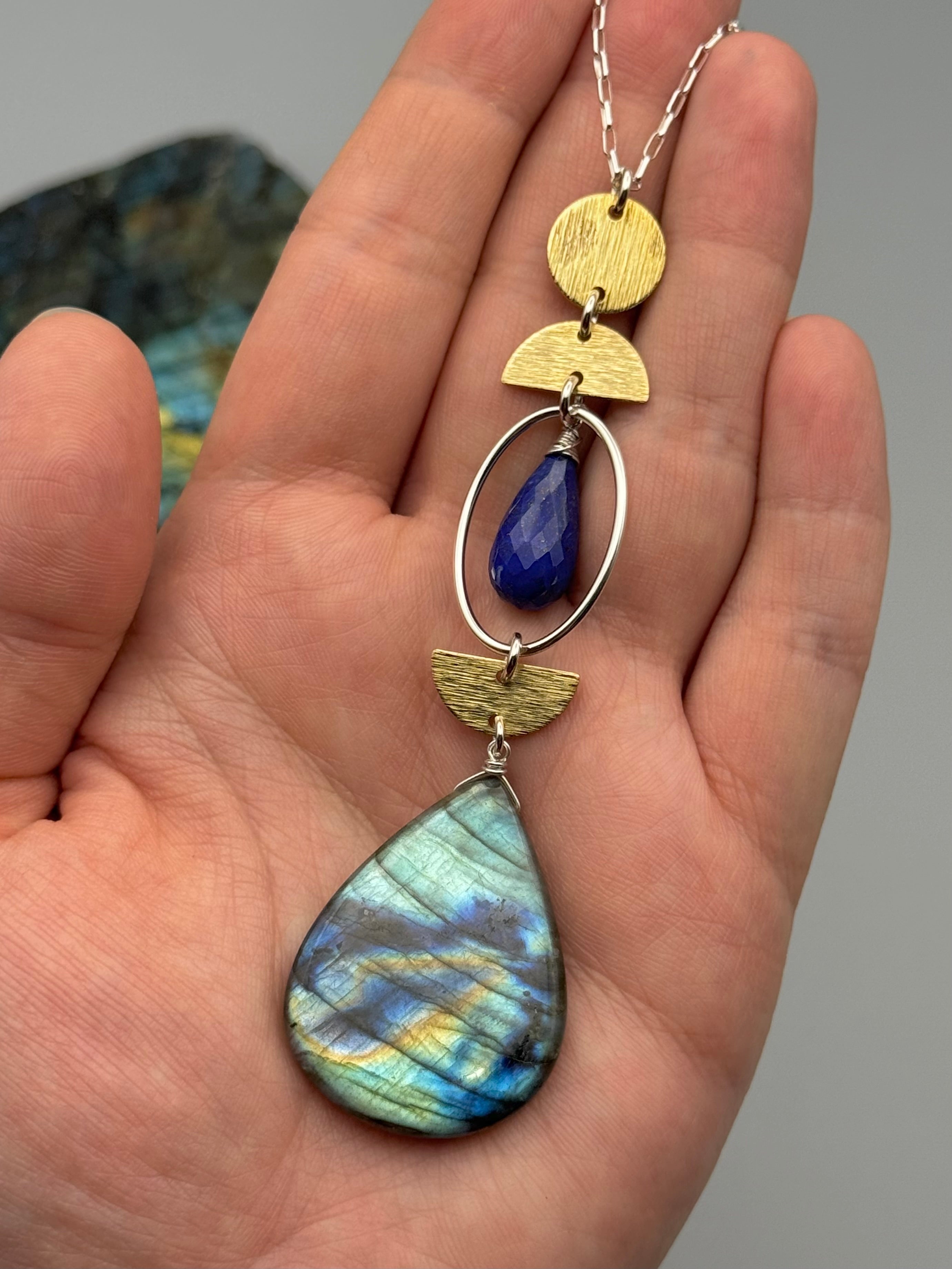 •NYX• lapis + labradorite mixed metal necklace (26"-28" long)