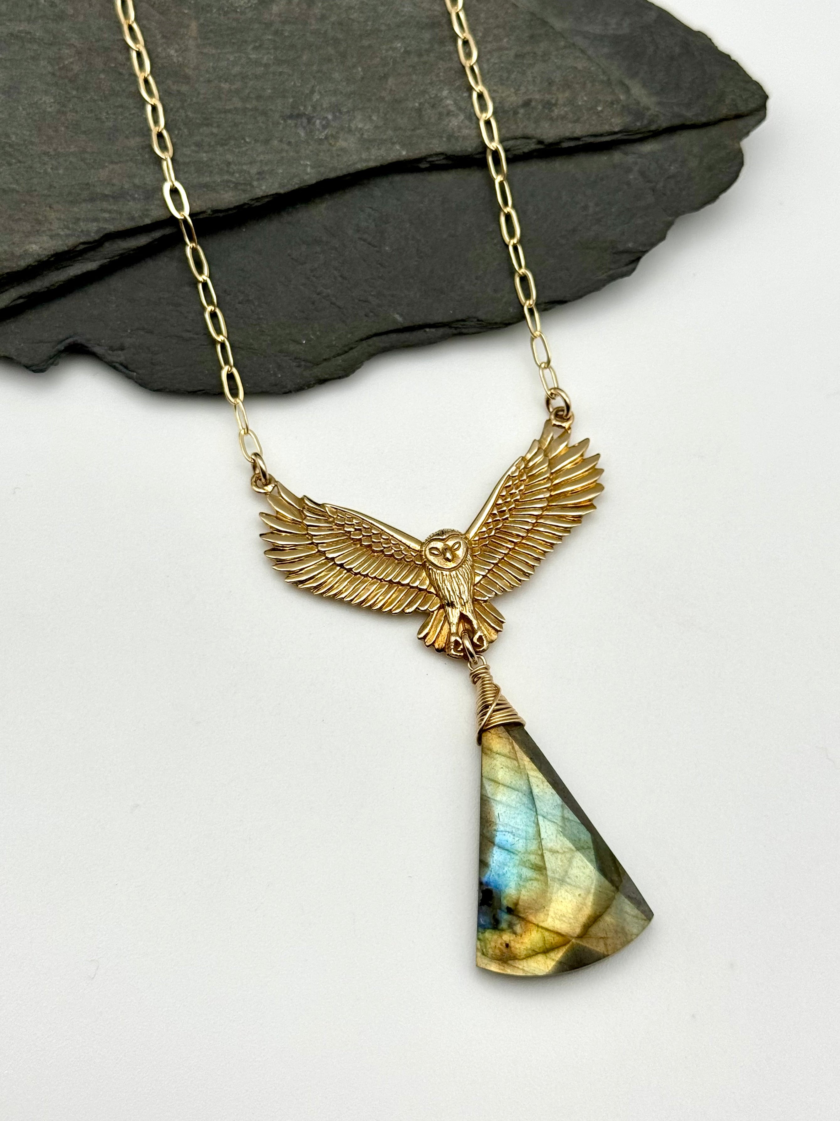 •NOCTURNA• labradorite + owl + gold necklace (18"-20" long)