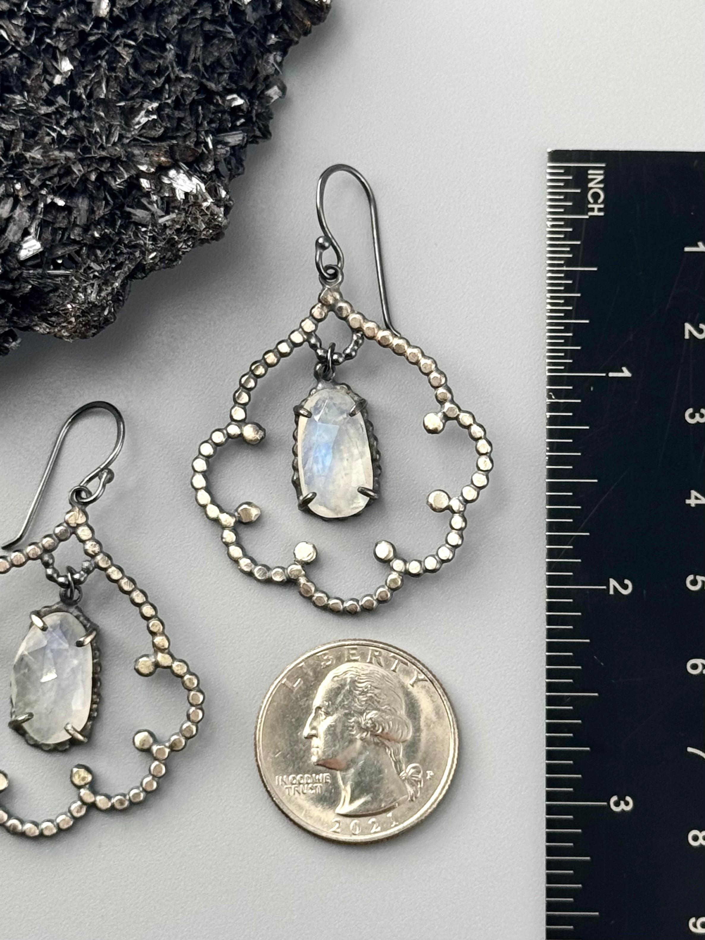 •DOTTED CLOUD• rainbow moonstone + silver dangle earrings