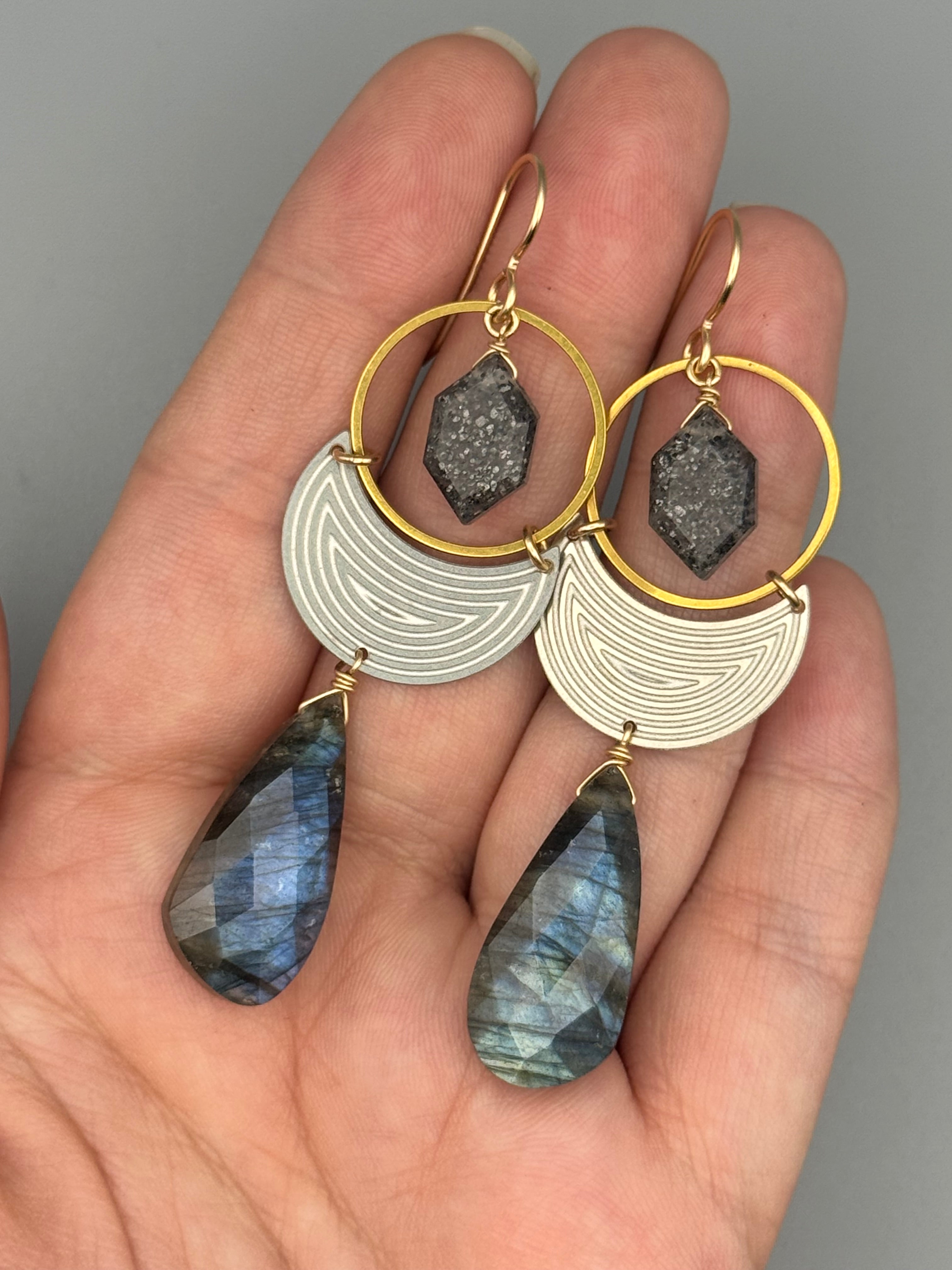 •MOON SHADOW• black aventurine + labradorite mixed metal earrings