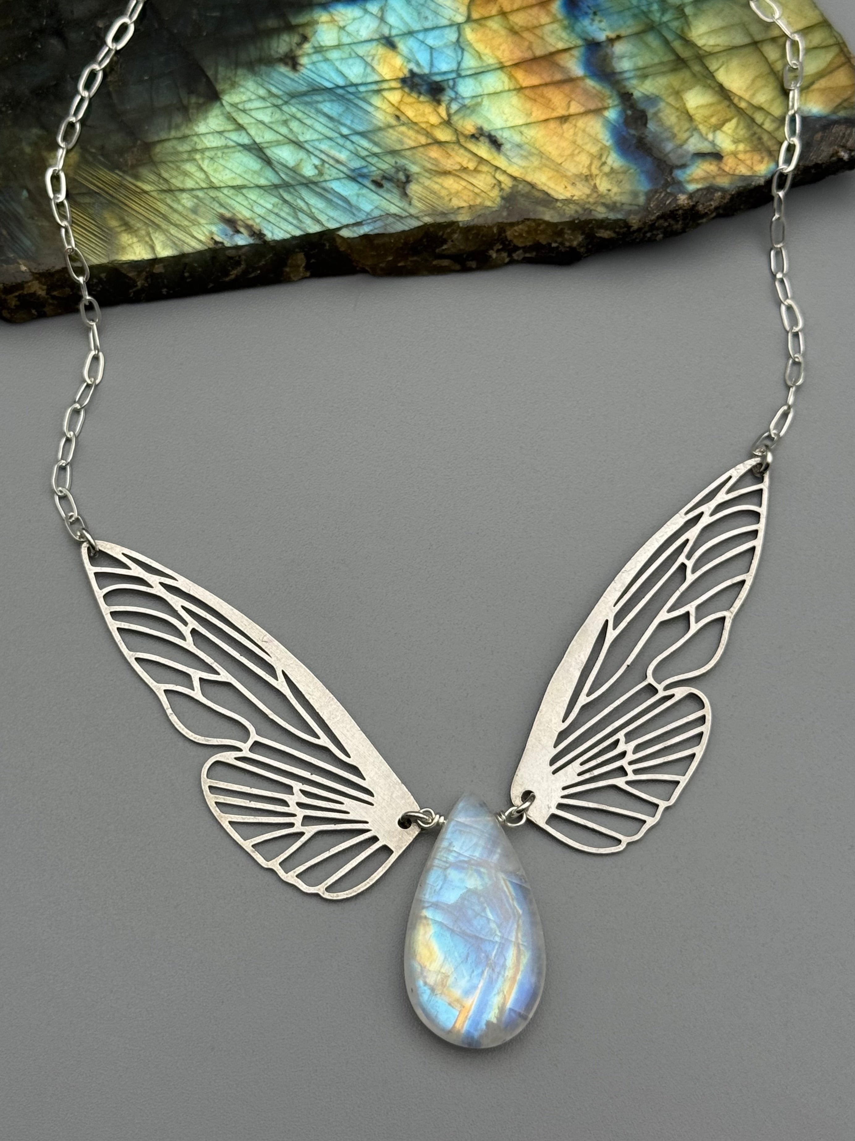 •METAMORPH• rainbow moonstone tear + silver necklace (16"-18" long)