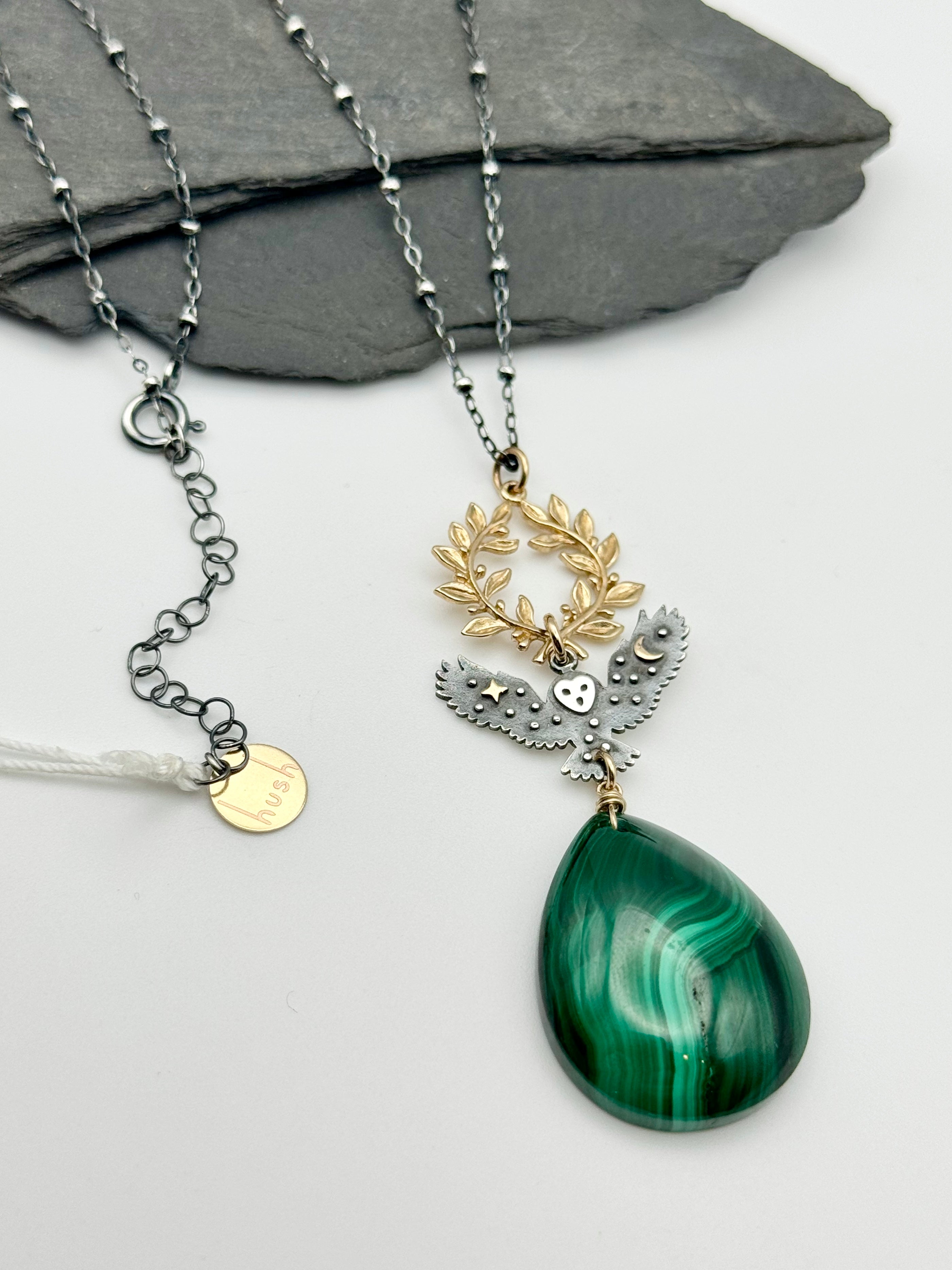 •NOCTURNAL ALCHEMY• malachite + owl + mixed metal necklace (26"-28" long)