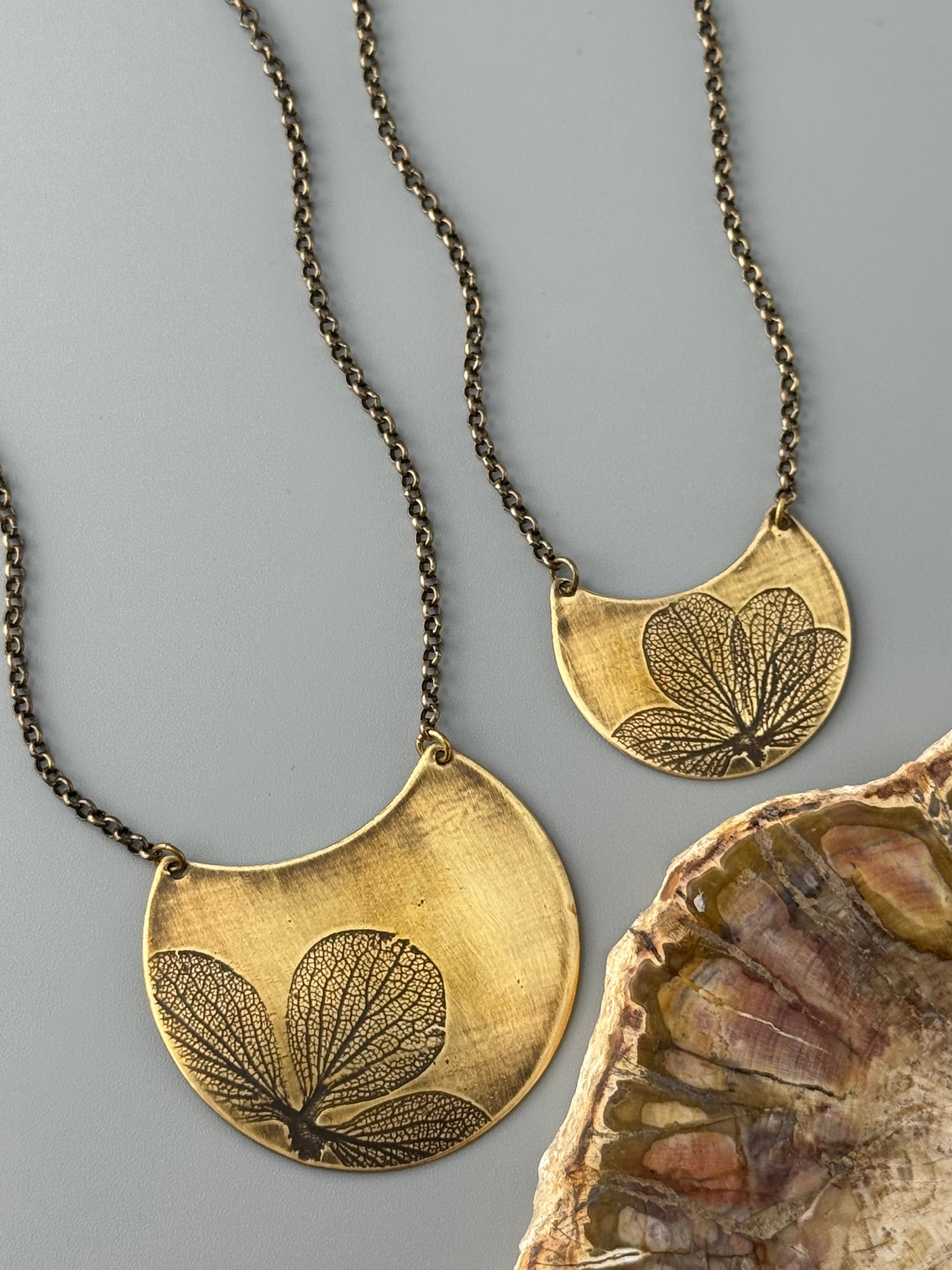 •HYDRANGEA CRESCENT• brass necklace (20" long)