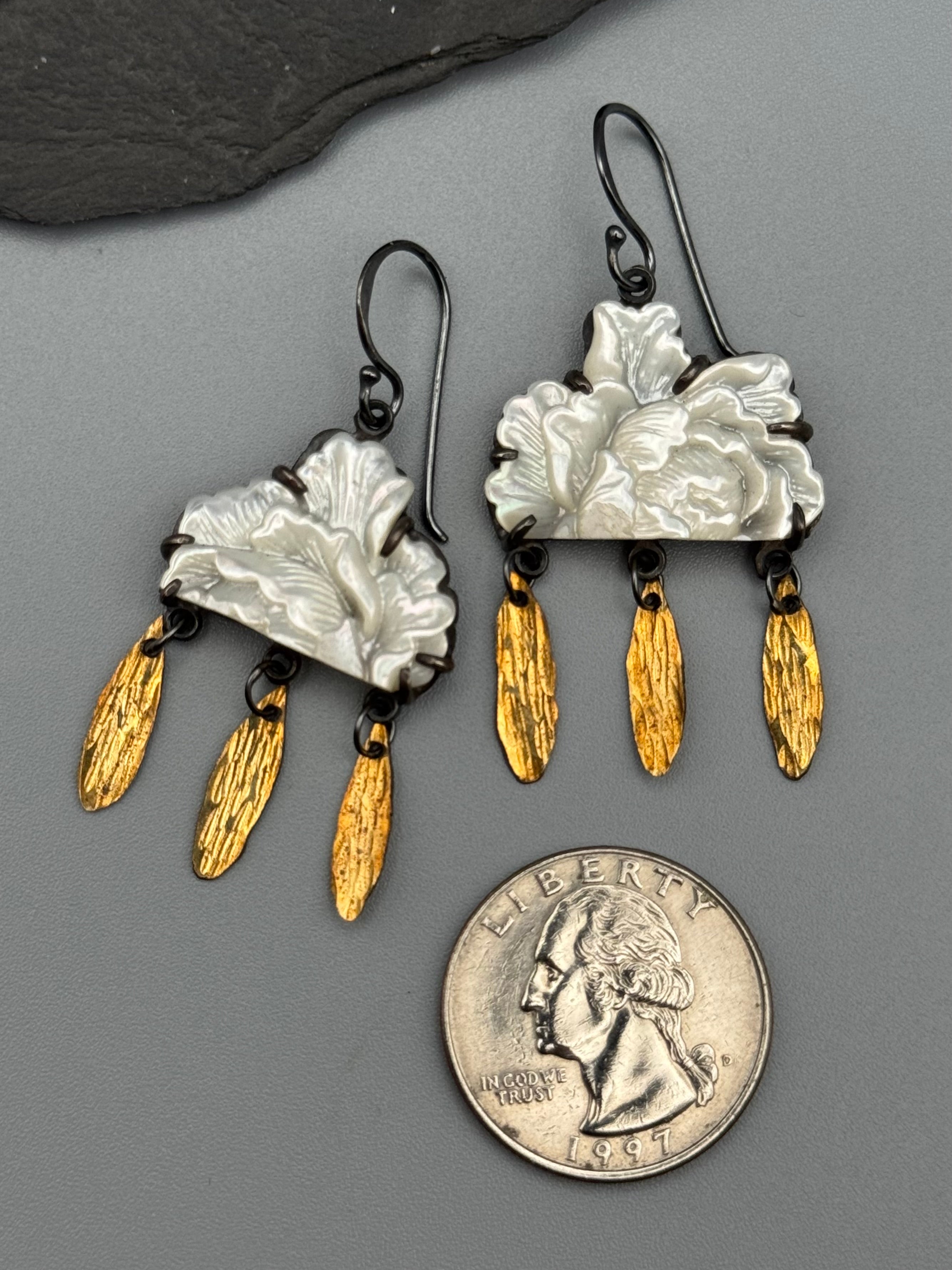 •RAIN FLOWER• carved mother of pearl + mixed metal dangle earrings