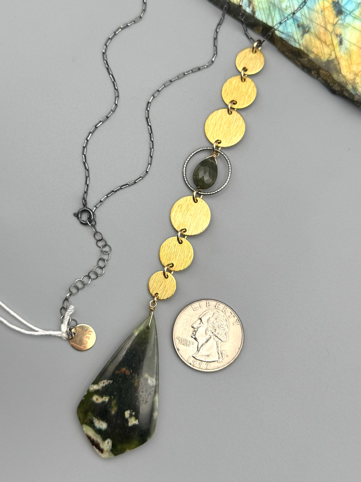 •NYX• chrome chalcedony + moss aquamarine mixed metal necklace (26"-28" long)