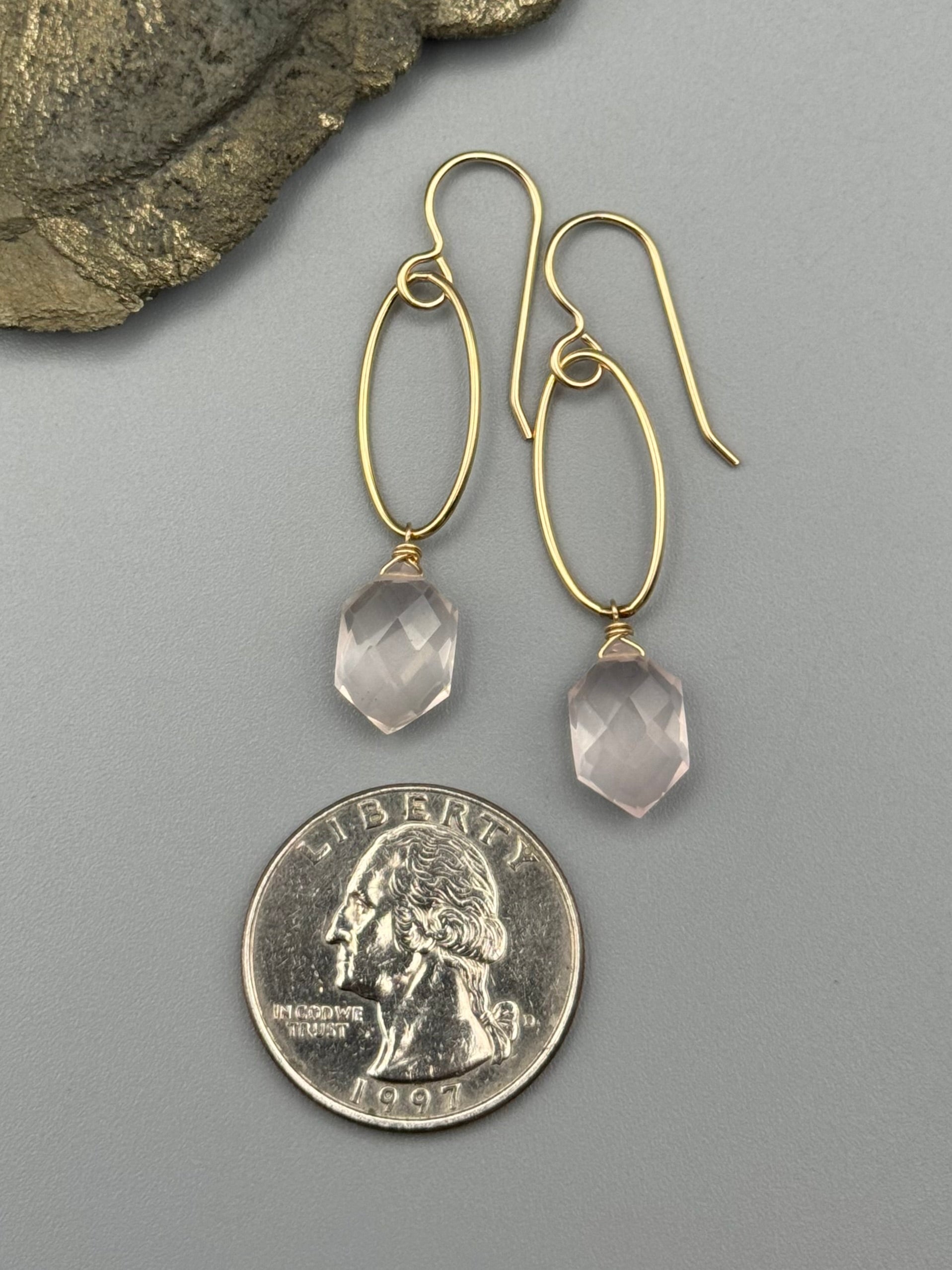 •IO• rose quartz hex + gold earrings